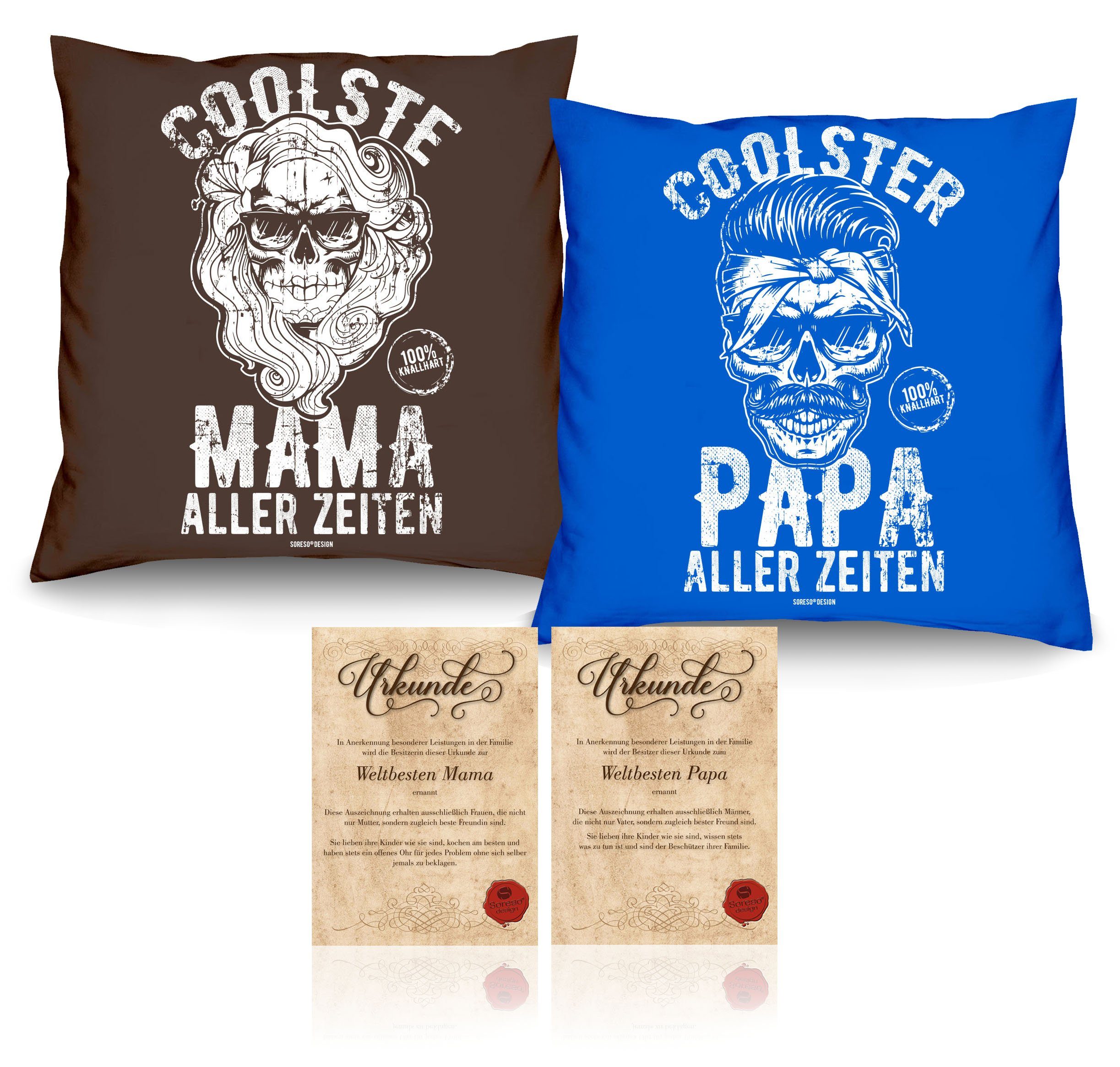 Dekokissen aller Set royal-blau Zeiten Zeiten Urkunden, Kissen-Set Coolste aller Soreso® Mama mit Vatertagsgeschenk Muttertagsgeschenk Papa Coolster