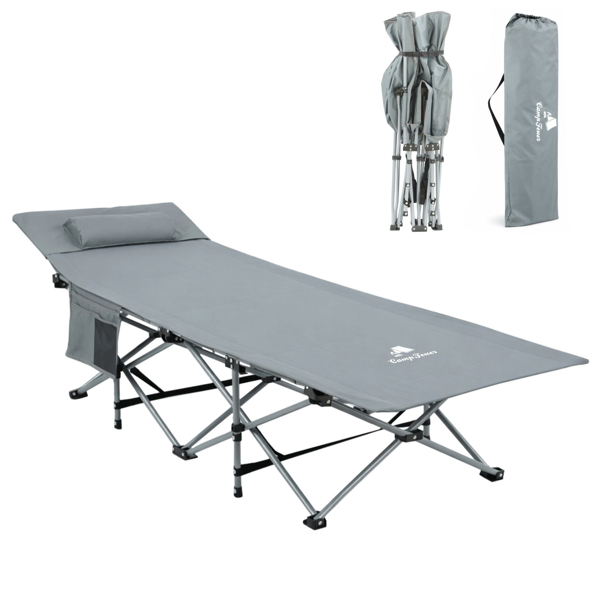 CampFeuer Campingliege Campingbett mit Kopfkissen, Anthrazit, bis 150 kg, 187 x 67 x 48 cm Hohe Belastbarkeit