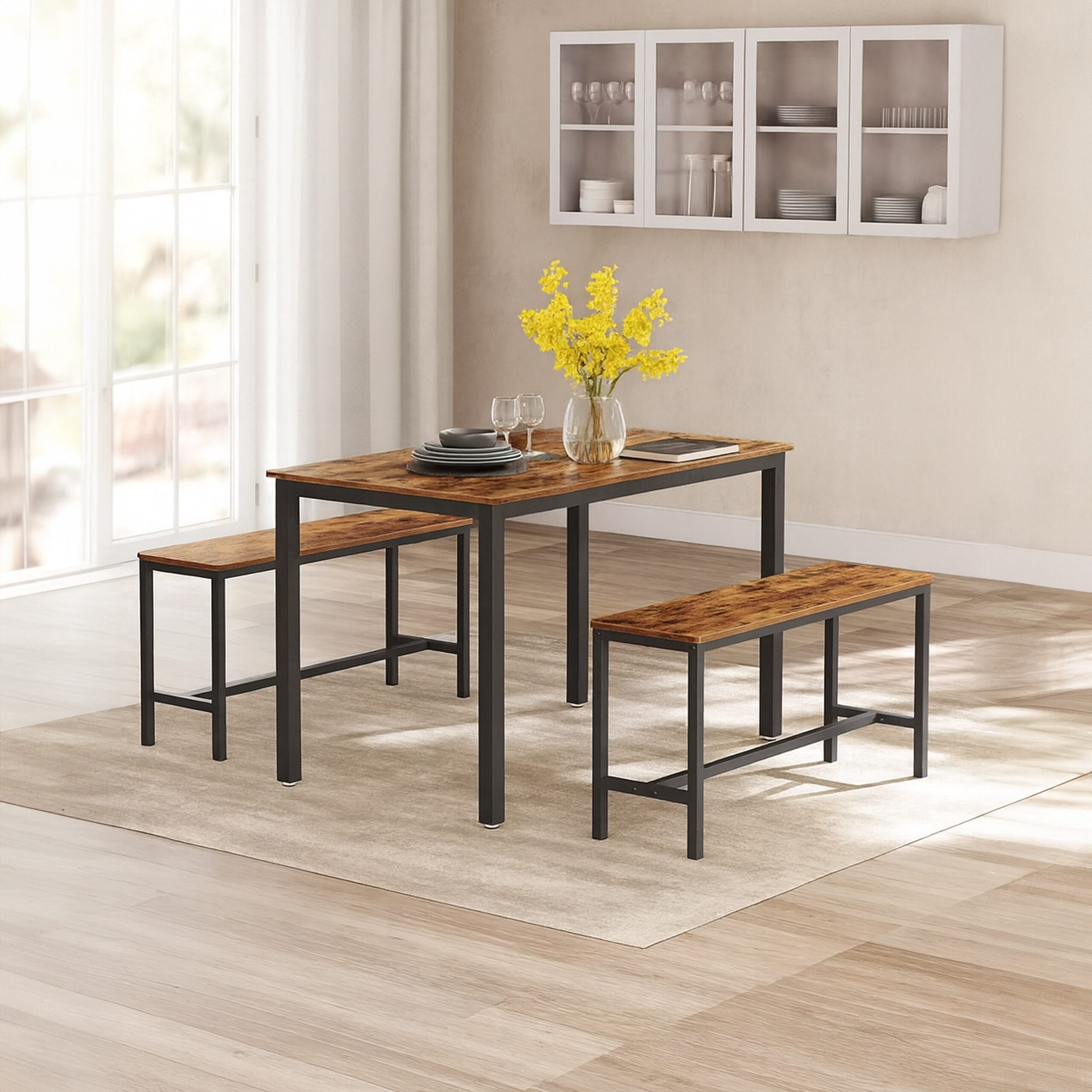 relaxdays Essbank Sitzbank Esszimmer 2er Set Industrial, dunkelbraun