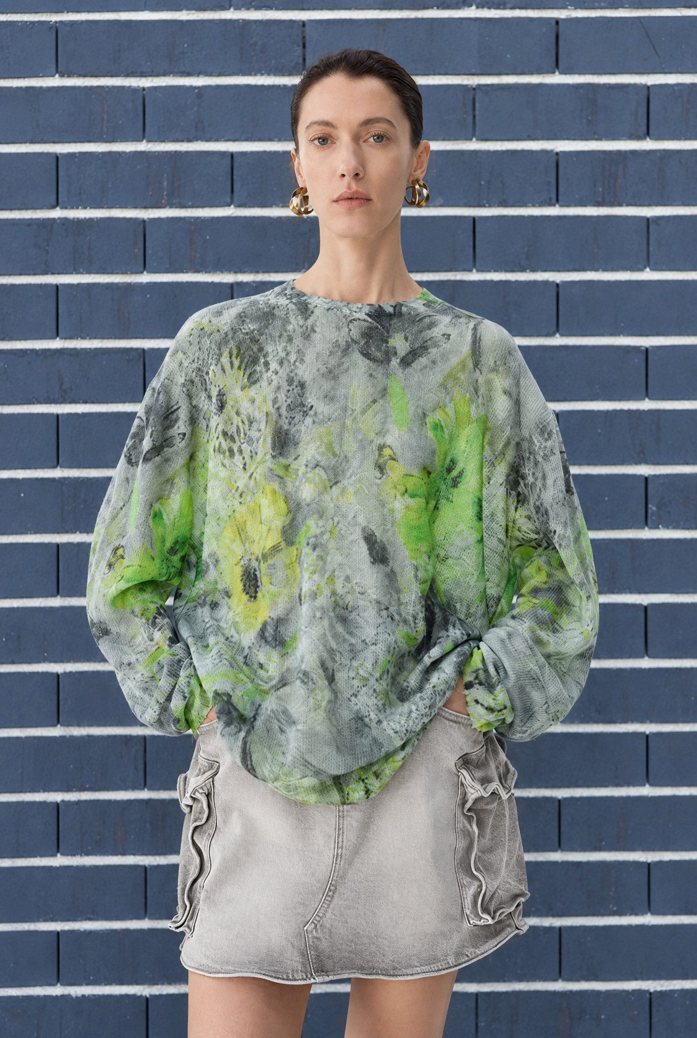 JNBY Kapuzenpullover Damen Oversize Pullover Grau Grün Print Rundhals Wolle Herbst Winter