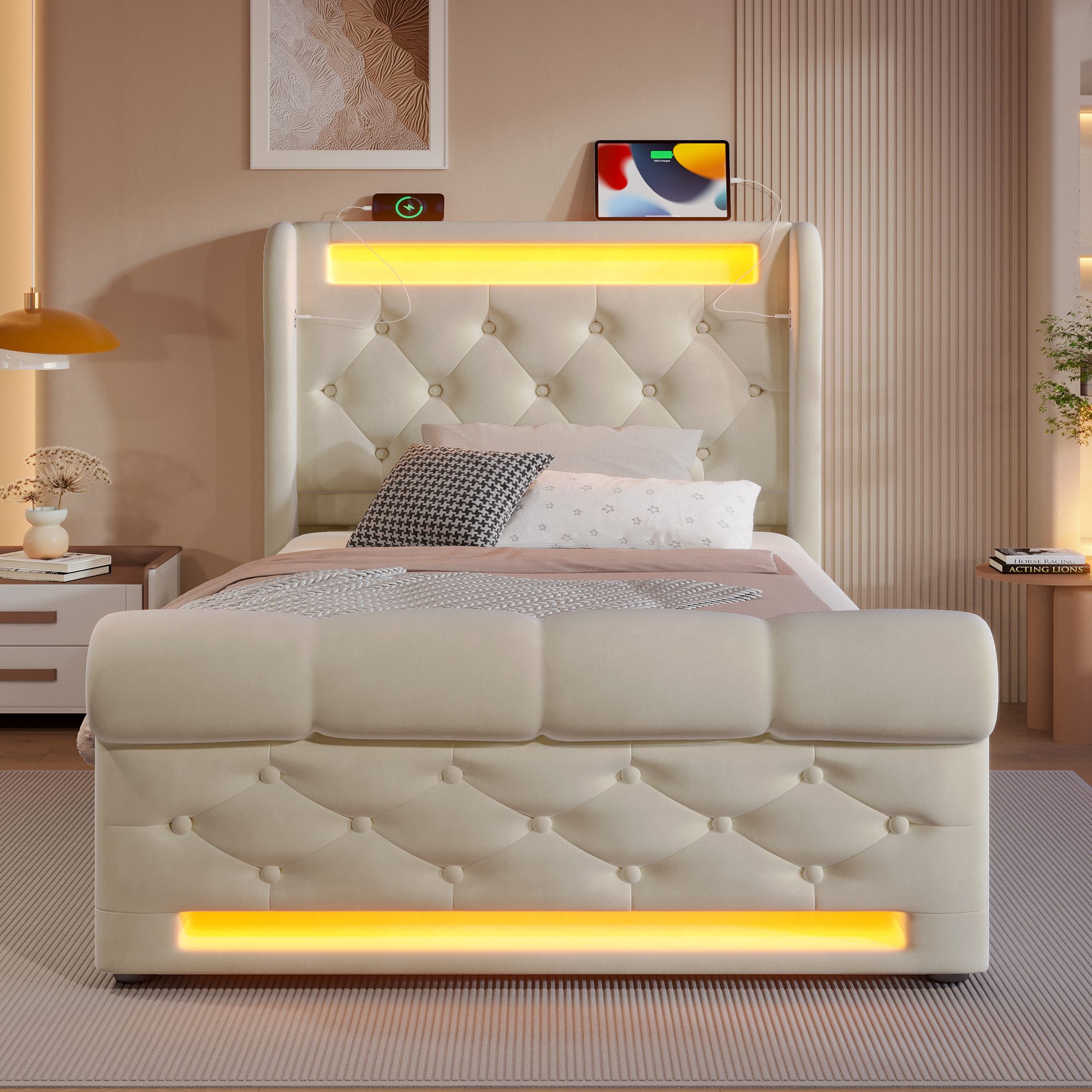 STILVORA Polsterbett 90x200 Einzelbett mit LED,Stauraumkopfteil,USB&TYPE-C, günstig online kaufen