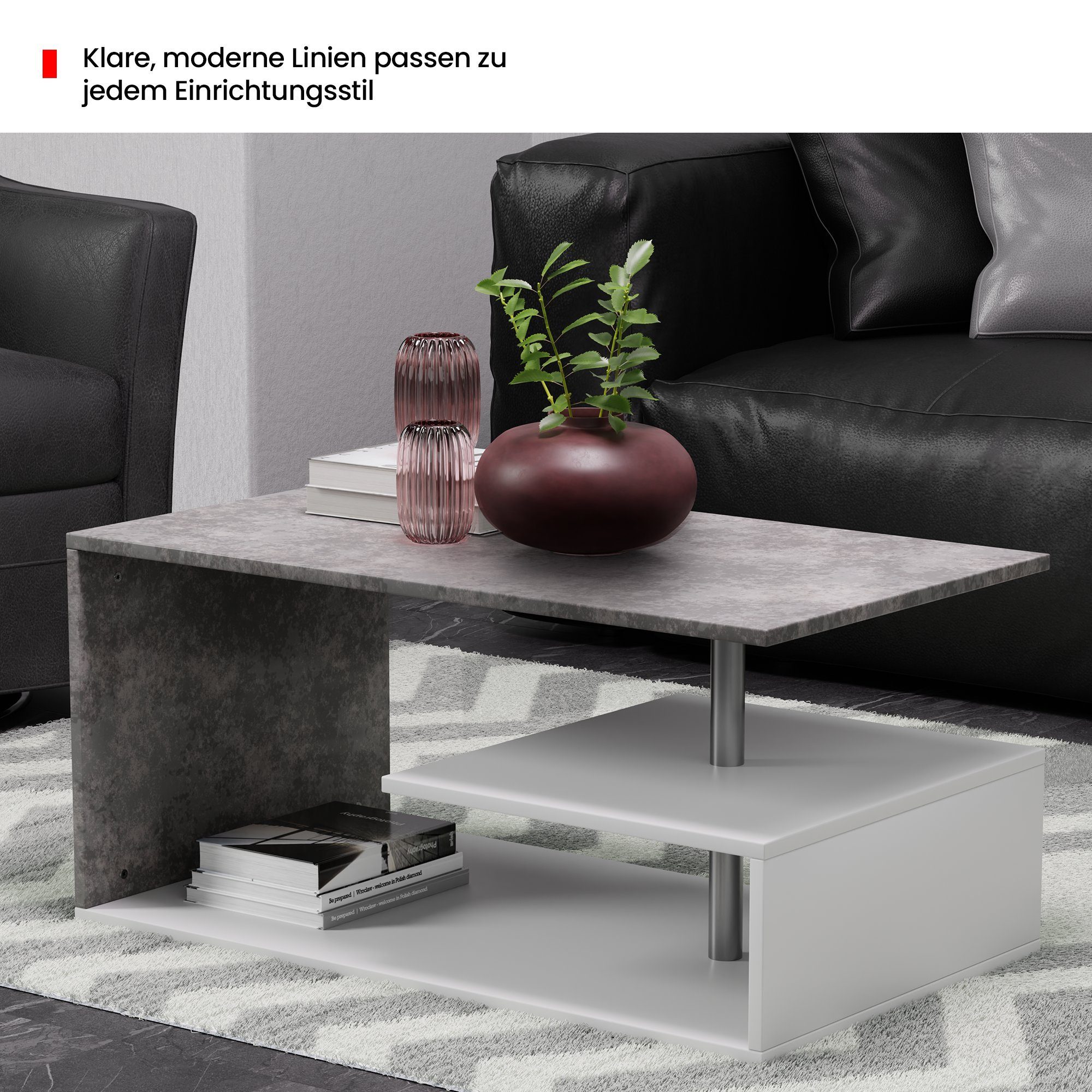 MIADOMODO Couchtisch Couchtisch Sofatisch Wohnzimmertisch Niedrig Weiß/Betonimitat Stauraum Kaffeetisch mit