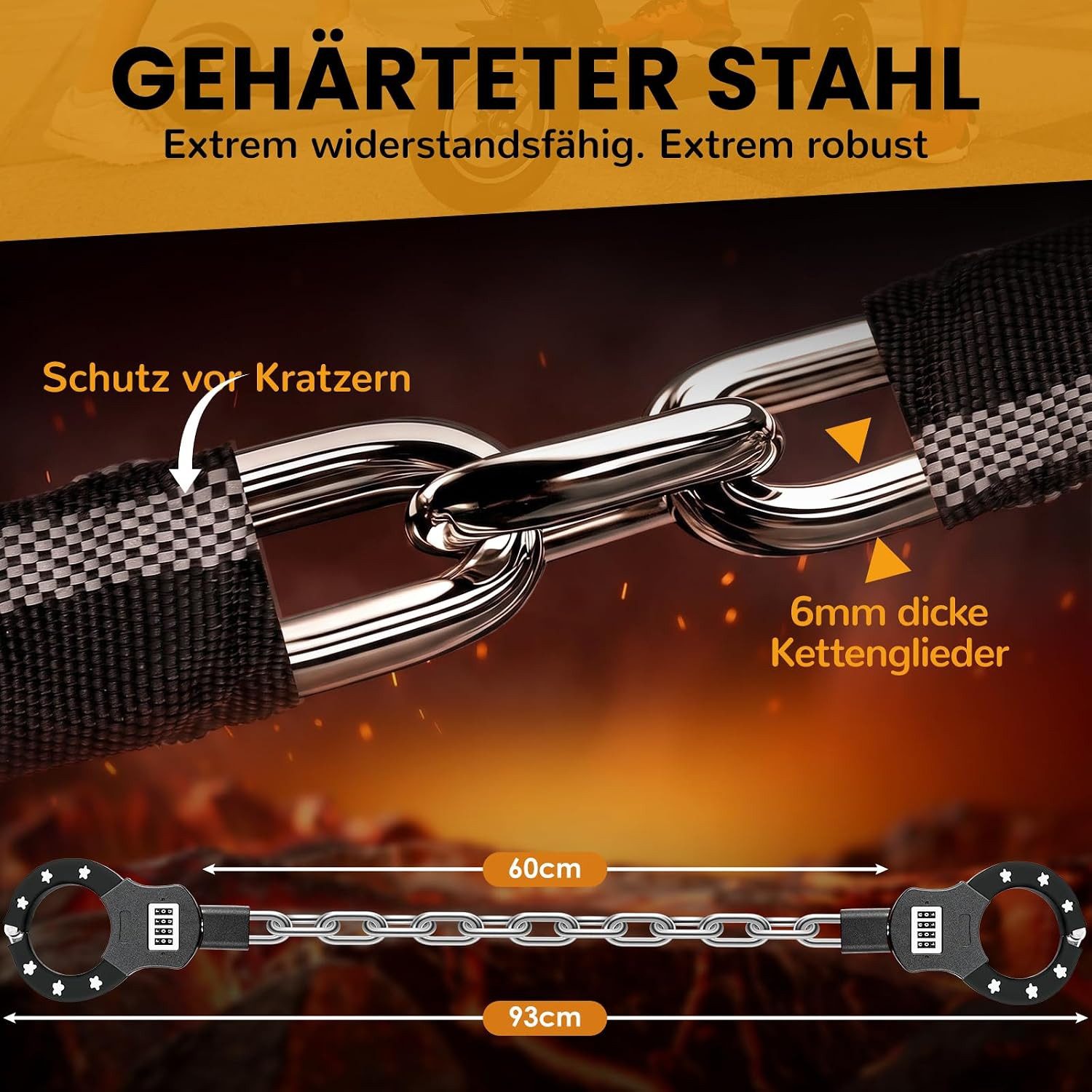 TLGREEN Kettenschloss E Scooter Schloss mit Zahlencode (6mm gehärtete Stahlkette schlüsselloses Kettenschloss, 4-stelliger Code mit 10.000 Kombinationen), für E Scooter/Fahrräder/E-Bike/Motorrad