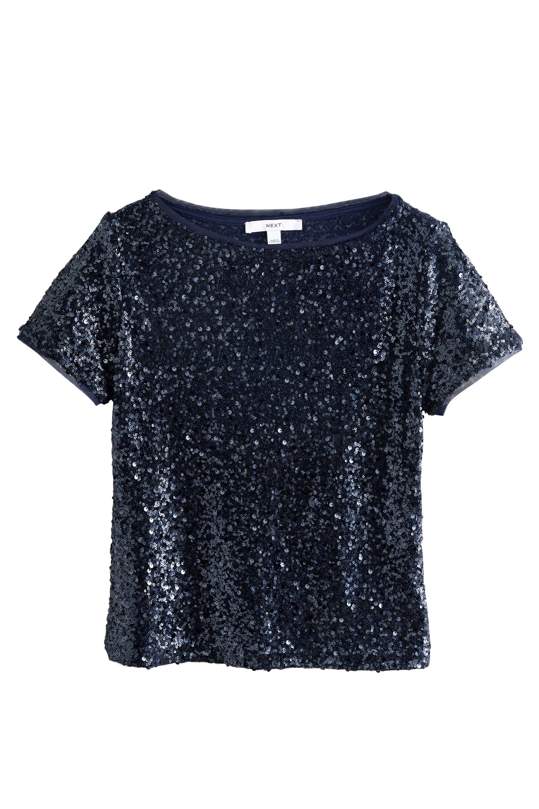 Next Paillettenshirt Kurzarmshirt mit Pailletten und U-Boot-Ausschnitt (1-tlg)