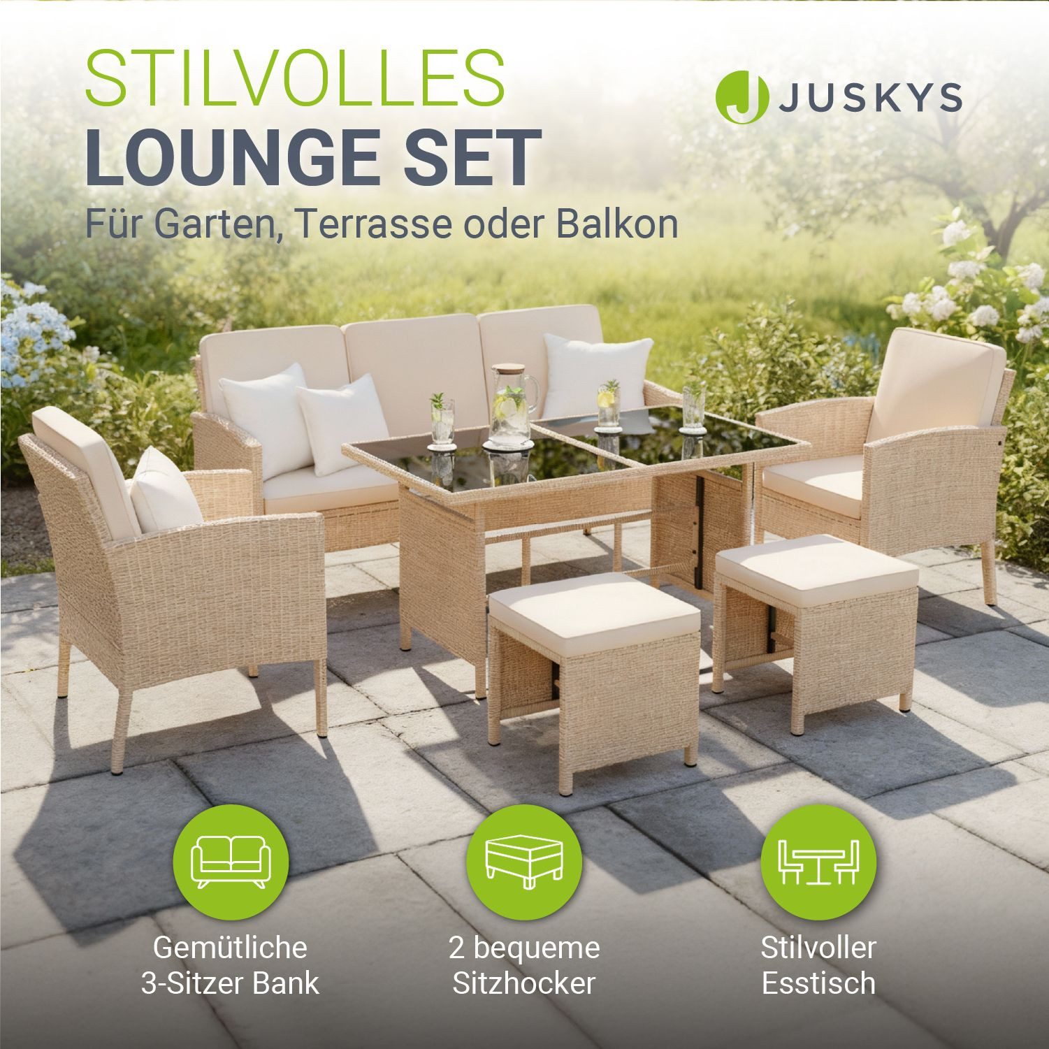 Juskys Gartenlounge-Set Turin, (6-tlg), Polyrattan Sitzgruppe für 7 Personen, Gartenmöbel Set 6-teilig