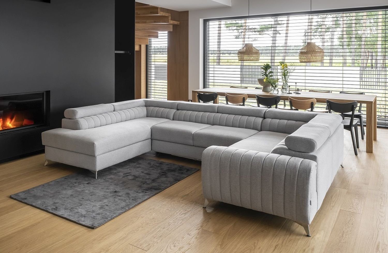 Lukas XXL-Sofa mit grau Linus Möbel mit 84 Wohnlandschaft Wohnlandschaft in Kopfstützen, Bettkasten Bettfunktion, mit Bettkasten Monolith U-Form, mit verstellbaren Schlaffunktion Samtstoff