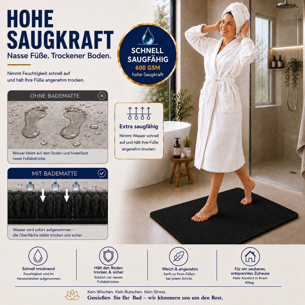 Komfortec Badematte 2er Badetuch Set aus 100% Baumwolle 50x70 cm Extra Weich & Saugstark, Rechteckig, 600 g/m² – Bild 2 von 5