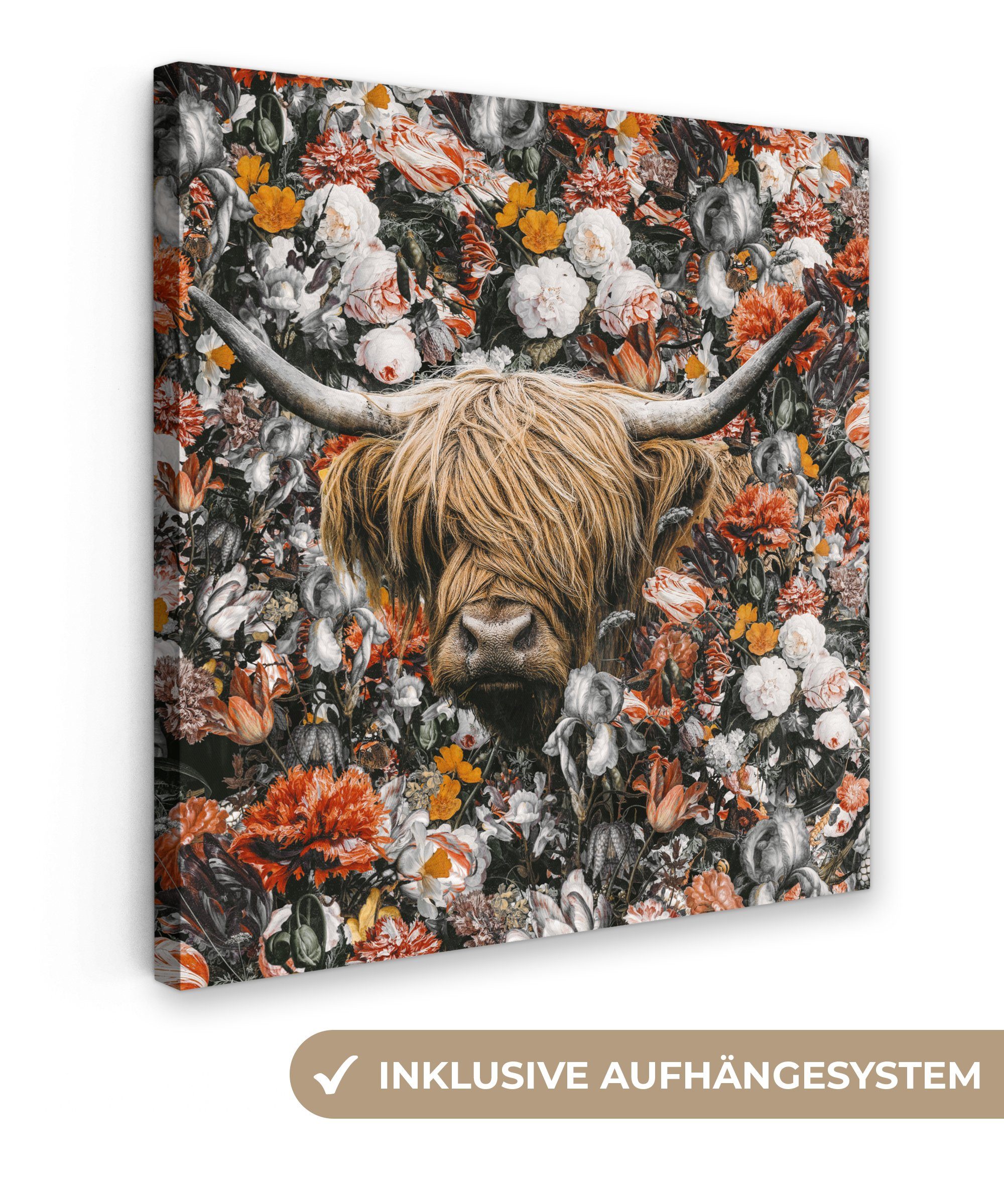OneMillionCanvasses® Leinwandbild Schottischer Highlander - Blumen - Orange, (1 St), Leinwand Bilder für Wohnzimmer Schlafzimmer, 20x20 cm | Leinwandbilder