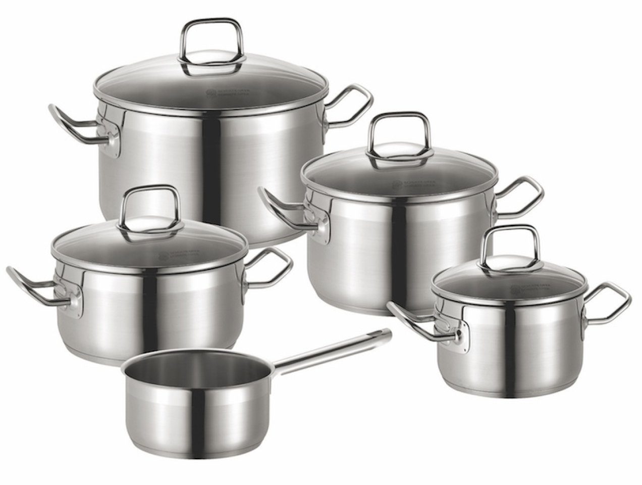 SCHULTE-UFER Topf-Set Profi-Star, Edelstahl (Set, 9-tlg., 1 x Stieltopf, 1 x Bratentopf, 3 x Fleischtopf), Stieltopf Ø 16 cm, Bratentopf Ø 20 cm, Fleischtopf Ø16 / 20 / 24 cm