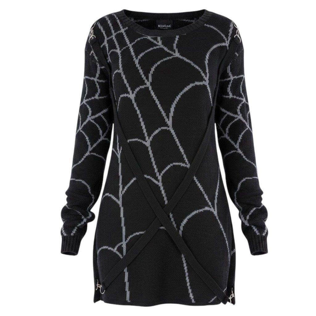 Heartless Longpullover Gothic Oversize Pullovermit Bändern Web-Jumper Spinnennetz Halloween