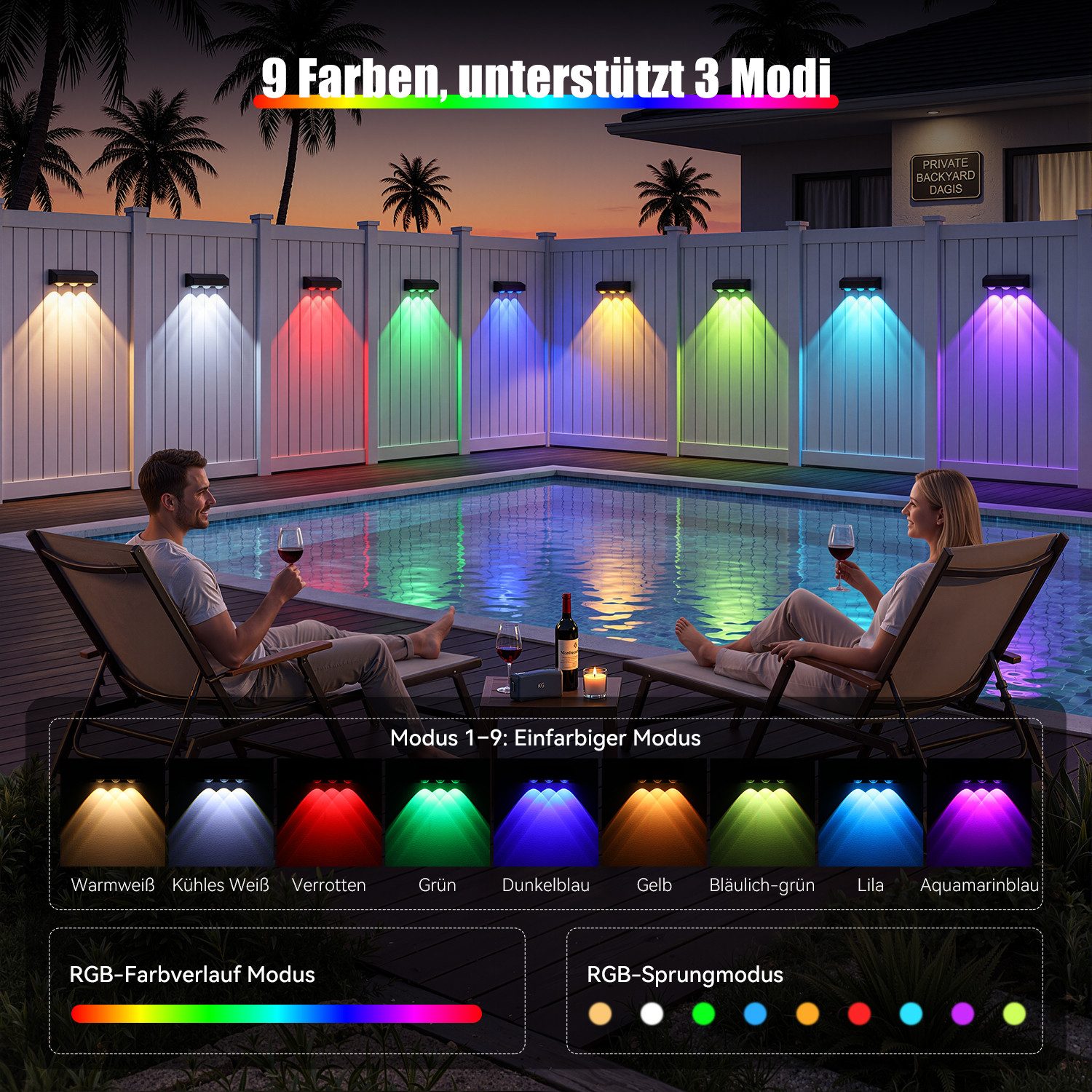oyajia LED Außen-Wandleuchte 2/4 st Solar Wandleuchte Aussen, RGB Einstellbar Solarlampen für Außen, LED fest integriert, RGB, RGB 9 Farben Solarleuchte für Zau – Bild 4 von 5