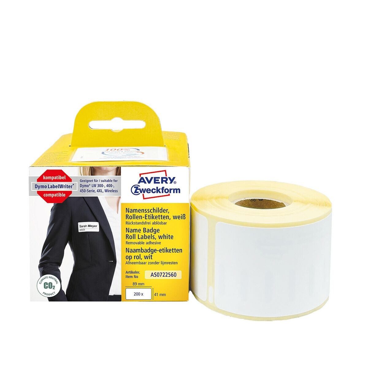 Avery Zweckform Thermorolle AS0722560, entspricht DYMO® S0722560, 200 Namensetikett 41/89 mm, wiederablösbar