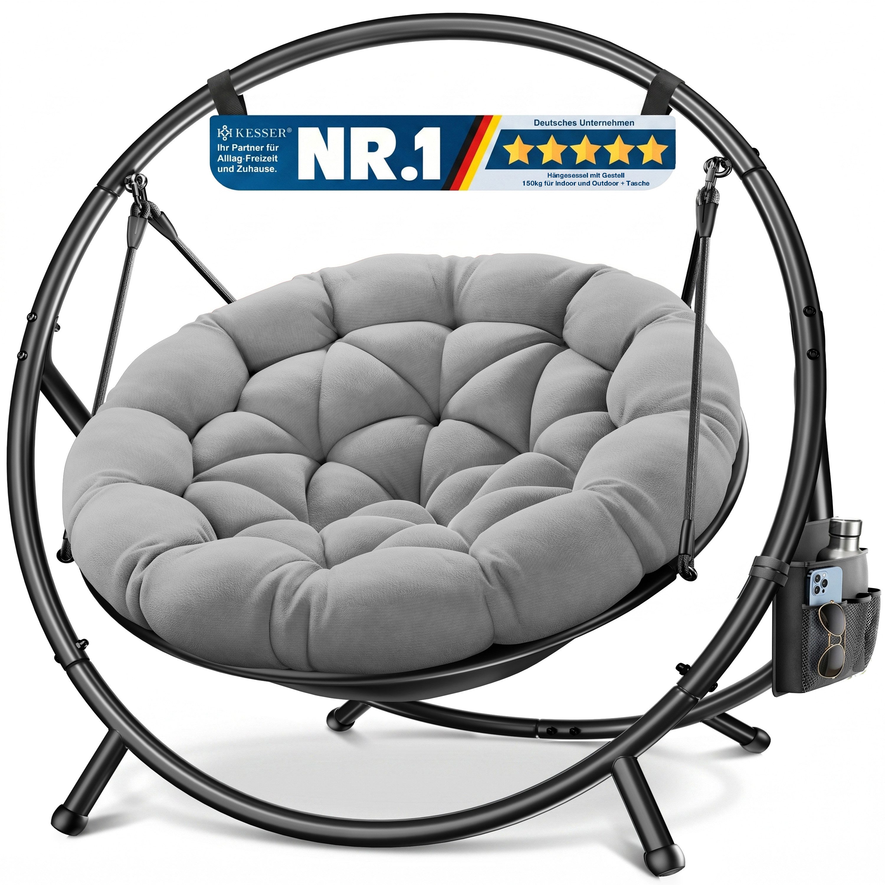 KESSER Hängesessel Bali Hängesessel mit Gestell Hängeschaukel Hängestuhl bis 150kg (mit Wipp Funktion, Kissen & Seitentasche), Hängekorb Stahlgestell Schaumstoff Sitzpolster für Wohnzimmer & Garten