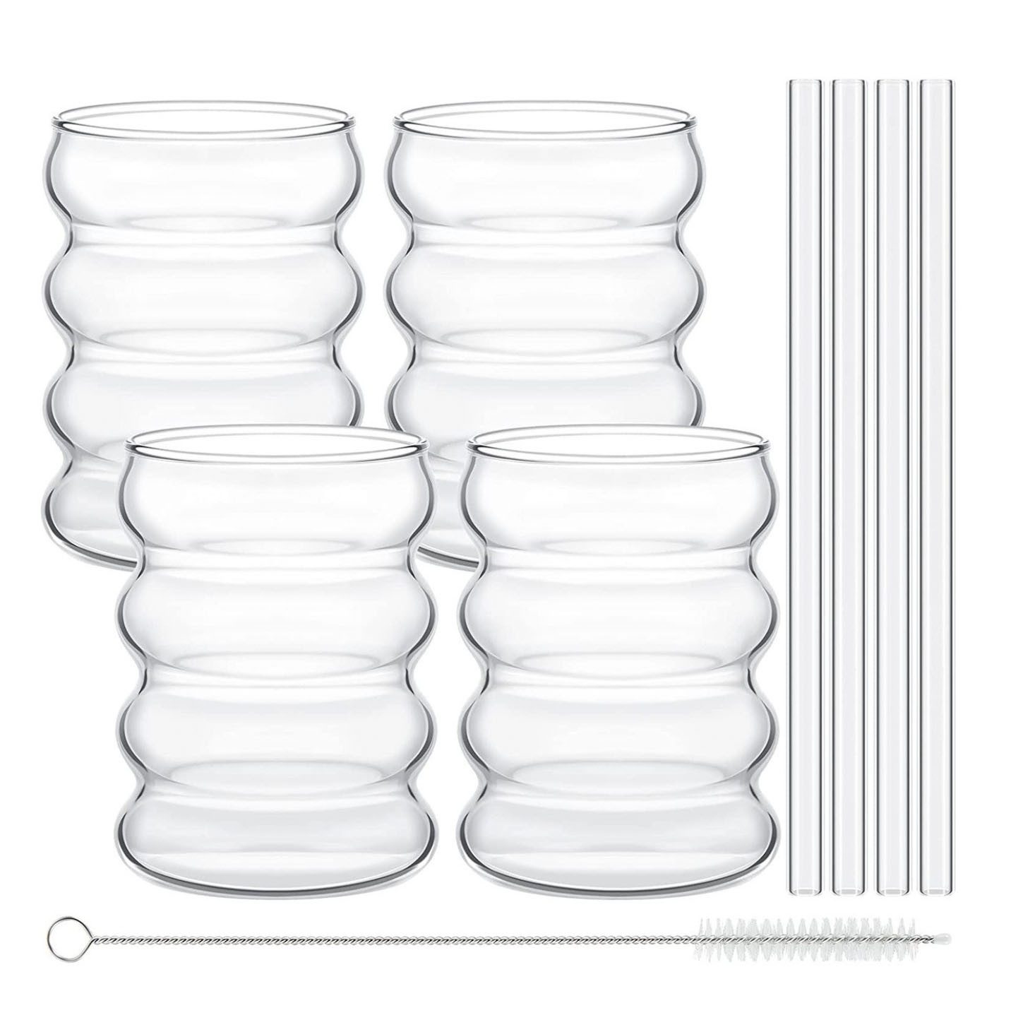 glanzerie Gläser-Set 4er Set Iced Matcha Latte Trinkgläser 350ml Wellenform Wassergläser, für Latte Macchiato, Cappuccino, Eiskaffee, Smoothies, Cocktails – Bild 2 von 4