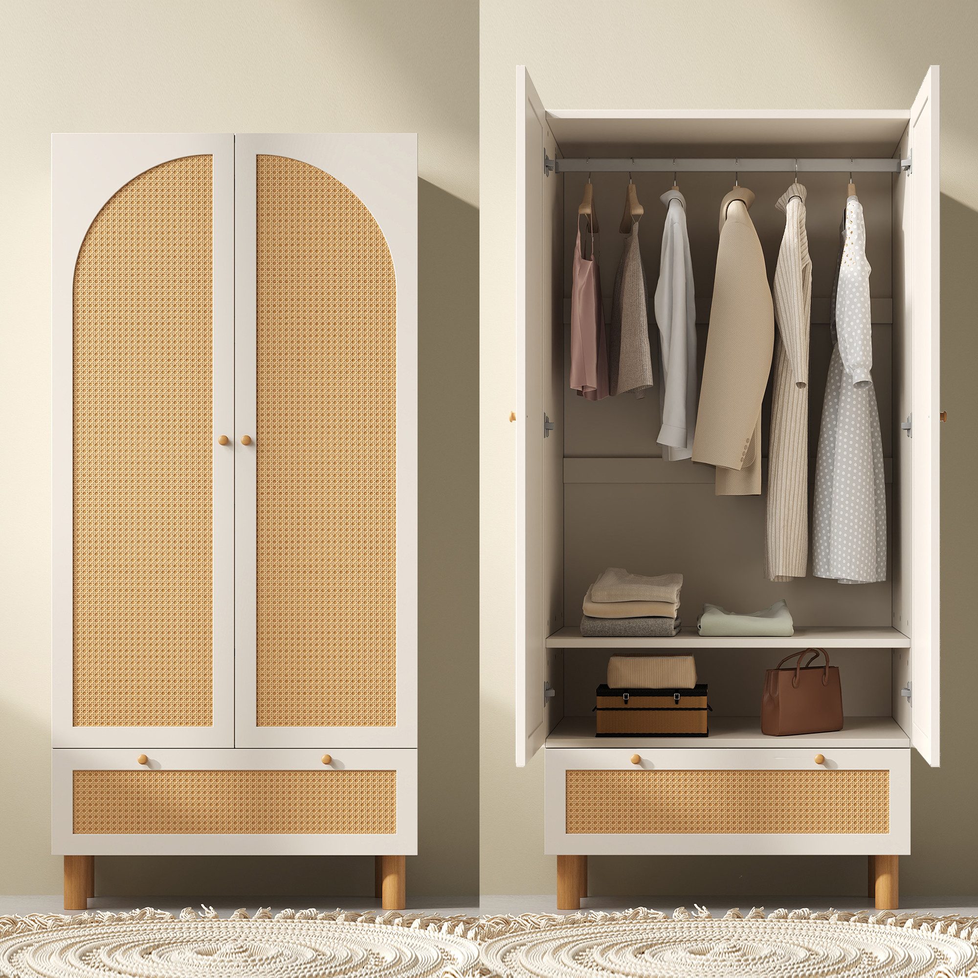 BlingBin Garderobenschrank Kleiderschrank garderobenschränke Flurschrank (1-St., mit großer Schublade,2 Türen,höhenverstellbaren Regalen,Kleiderstange) Rattan,Landhausstil,Kippsicherung,180x85x52 cm,Weiß