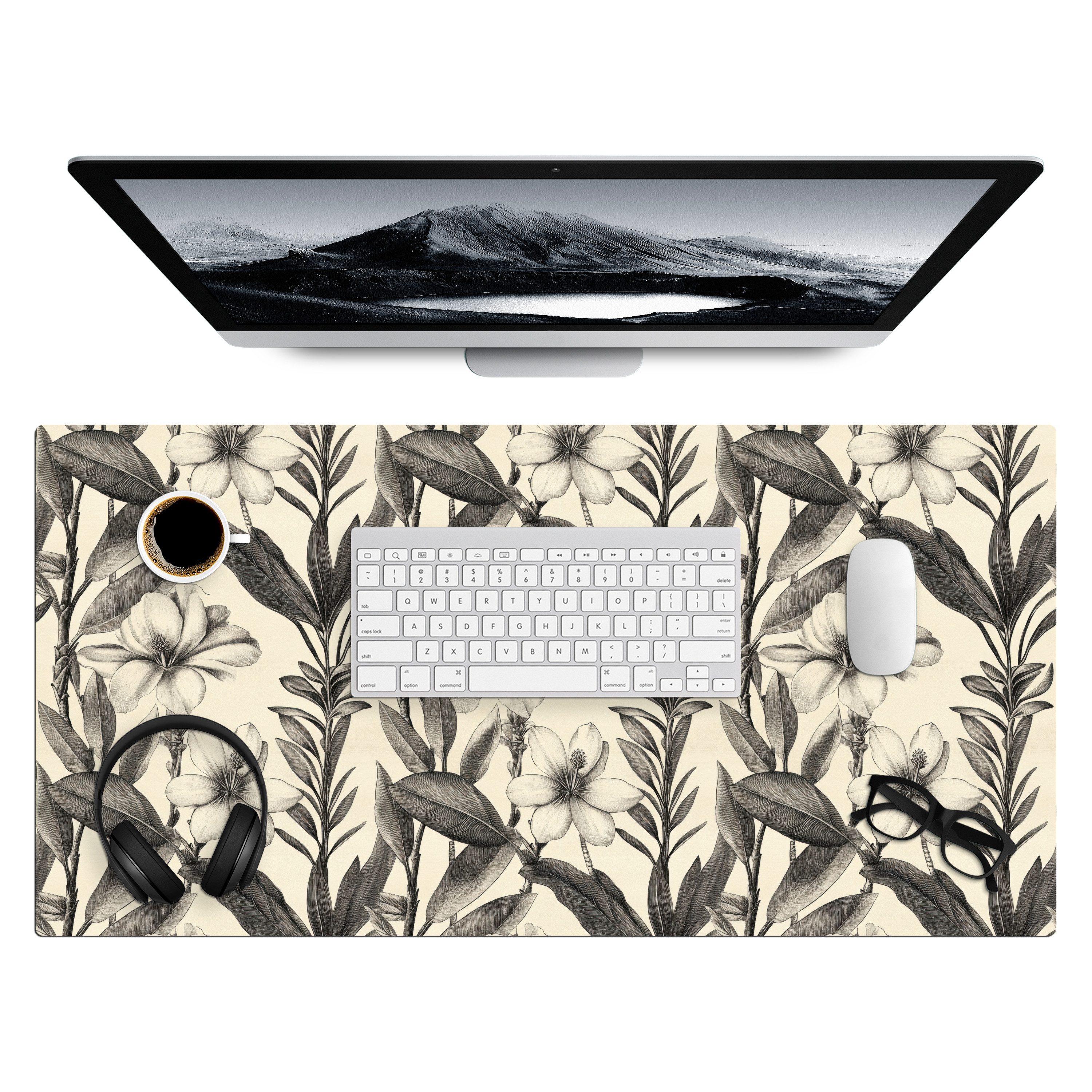 MuchoWow Gaming Mauspad Klassisch - Botanisch - Schwarz - Beige (1-St), Gaming Mauspad XXL, Schreibtischunterlage, Desk Mat Groß, 80x40 cm