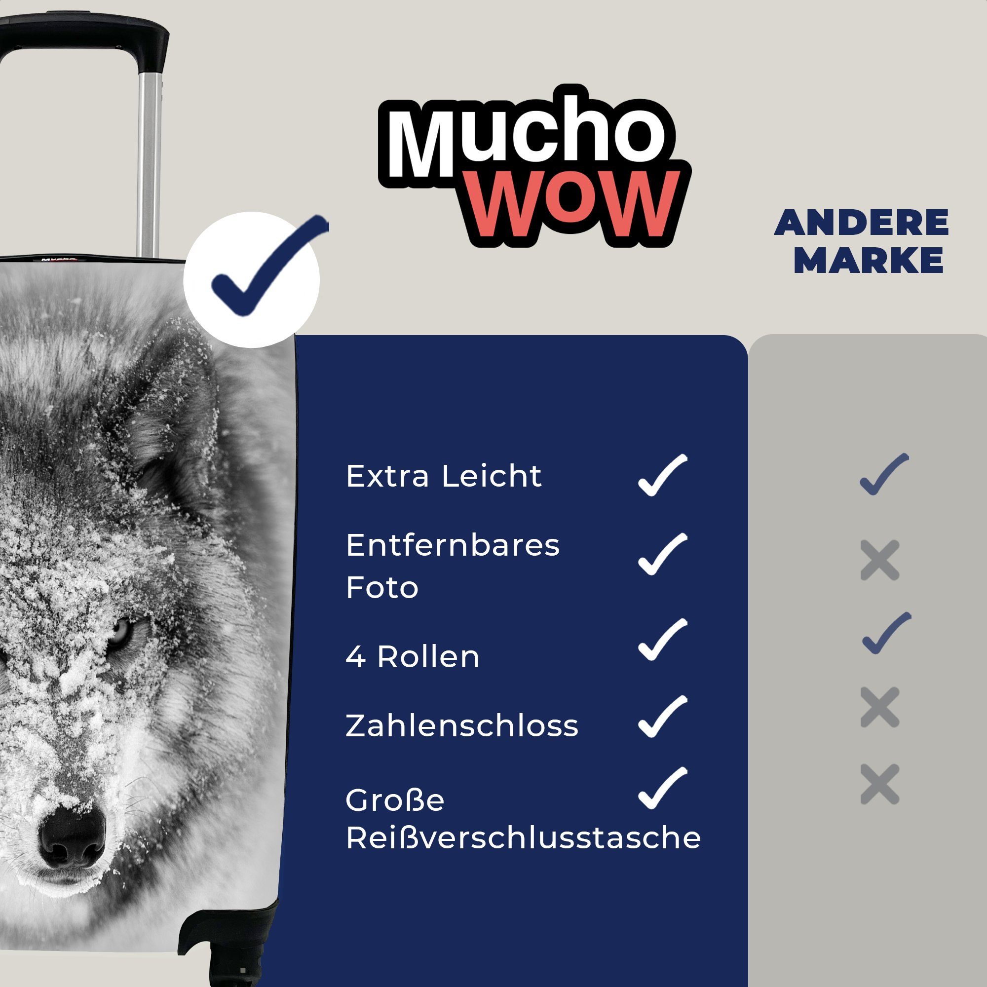 Wolf Handgepäck MuchoWow Reisekoffer in schwarz-weiß, verschneitem Trolley, 4 für Rollen, Kopf mit mit Reisetasche rollen, Ferien, Handgepäckkoffer