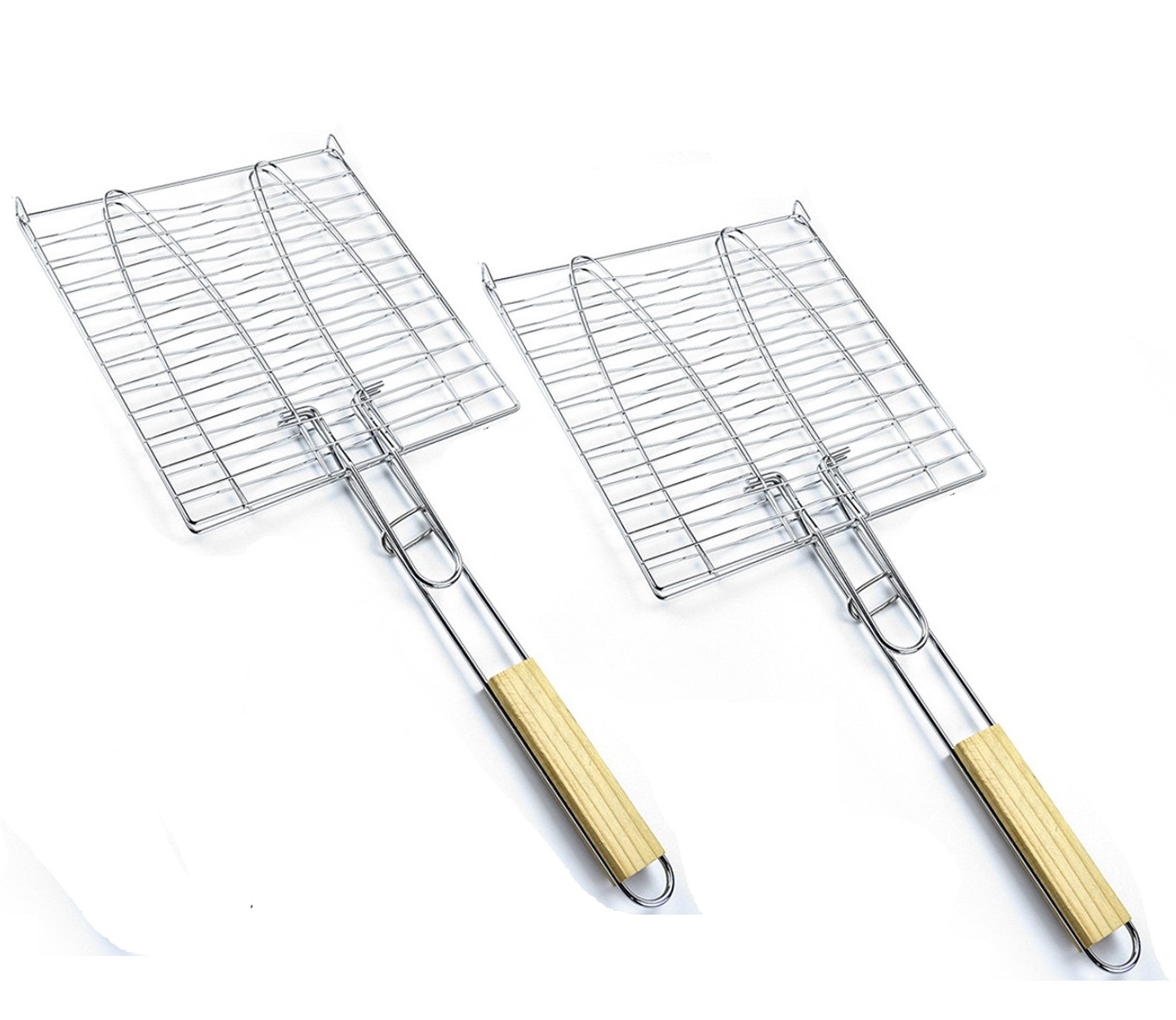 Grillspieß 2er Set Fischbräter, 23,5 x 23,5cm Fischgriller für Grill mit Holzgri