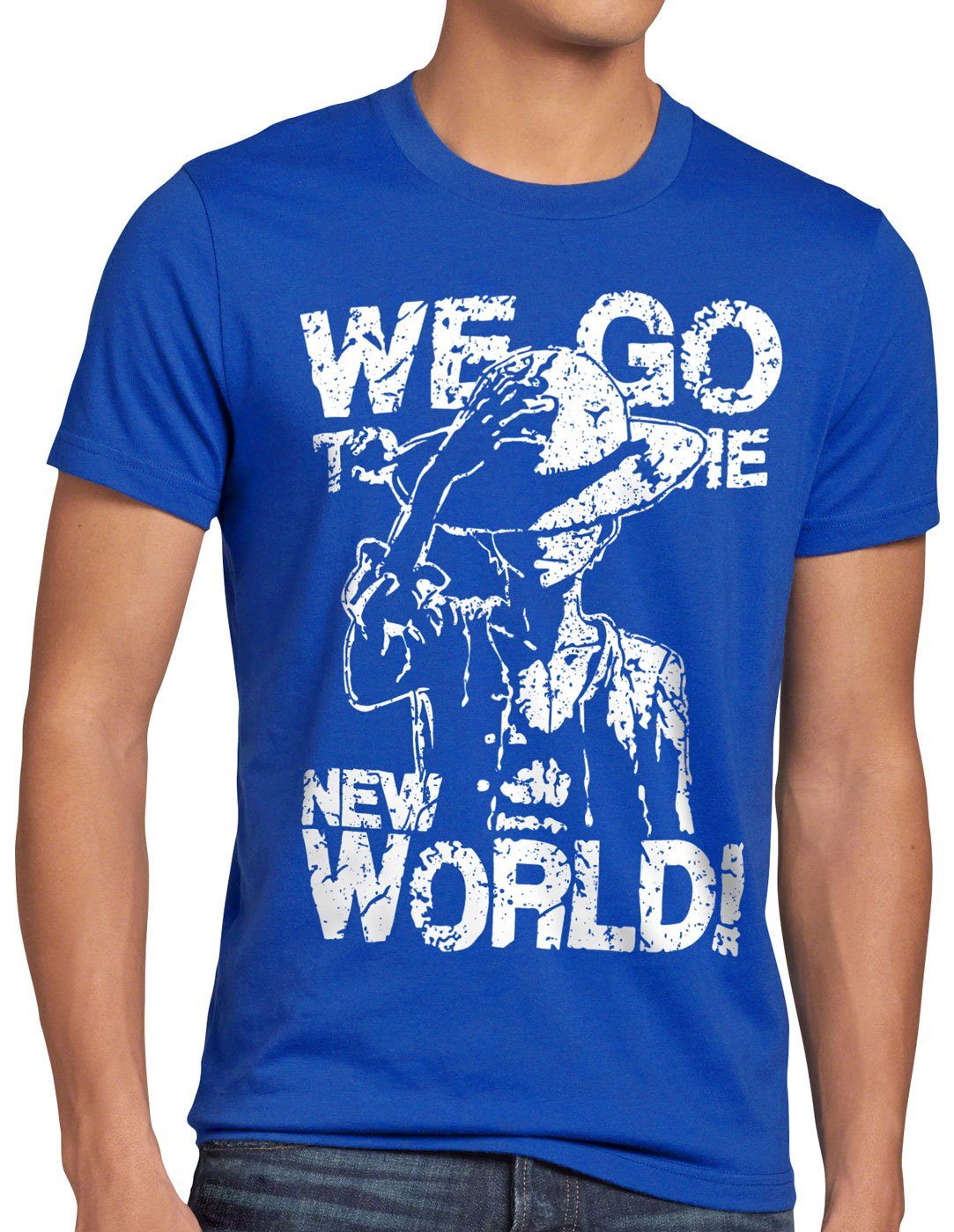 style3 Print-Shirt Herren T-Shirt New World Pirate Ruffy Strohhut Anime blau