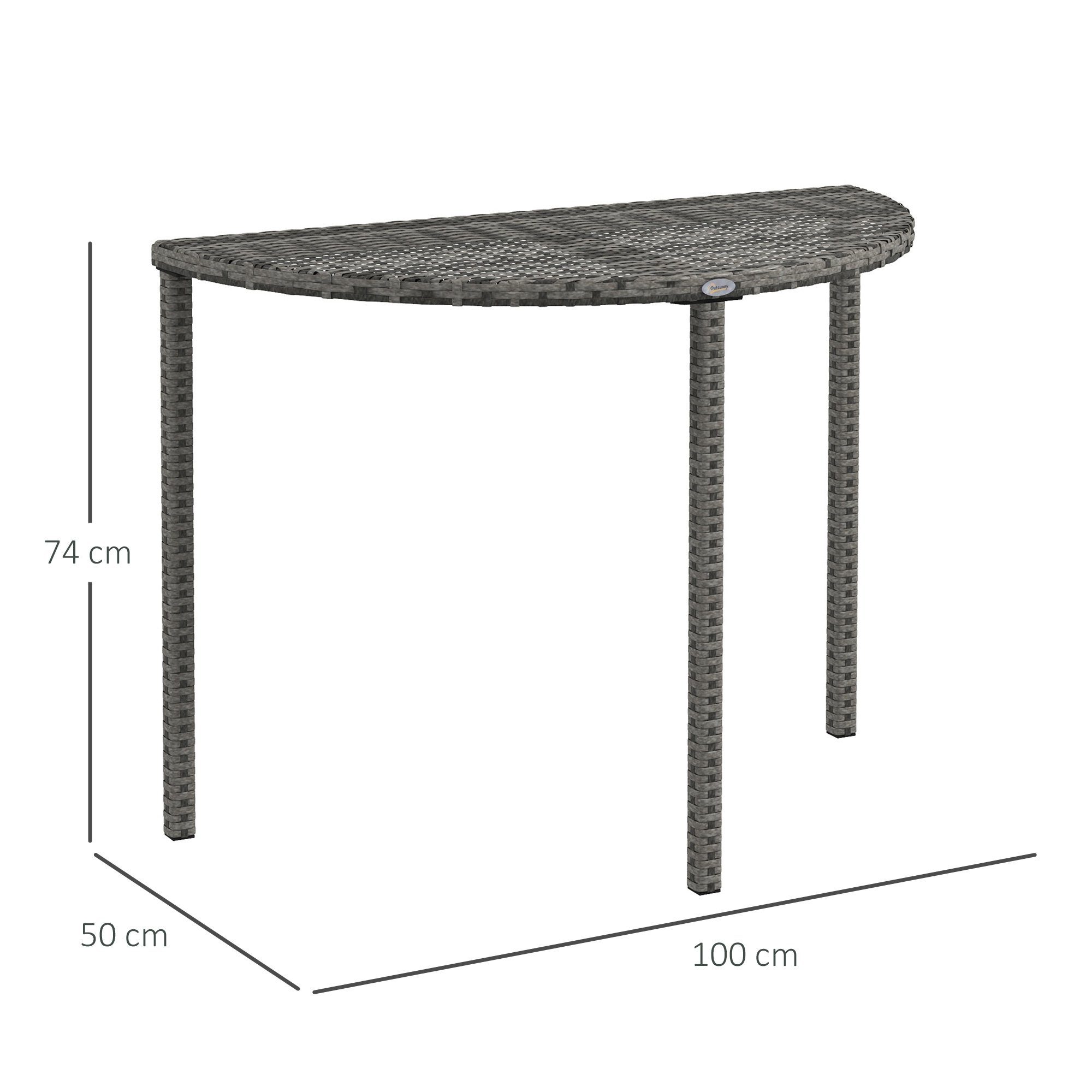 Outsunny Beistelltisch Garten Gartenmöbel halbrund Polyrattan (Tisch, 1-St., Balkontisch), Metall Grau 100 x 50 x 74 cm