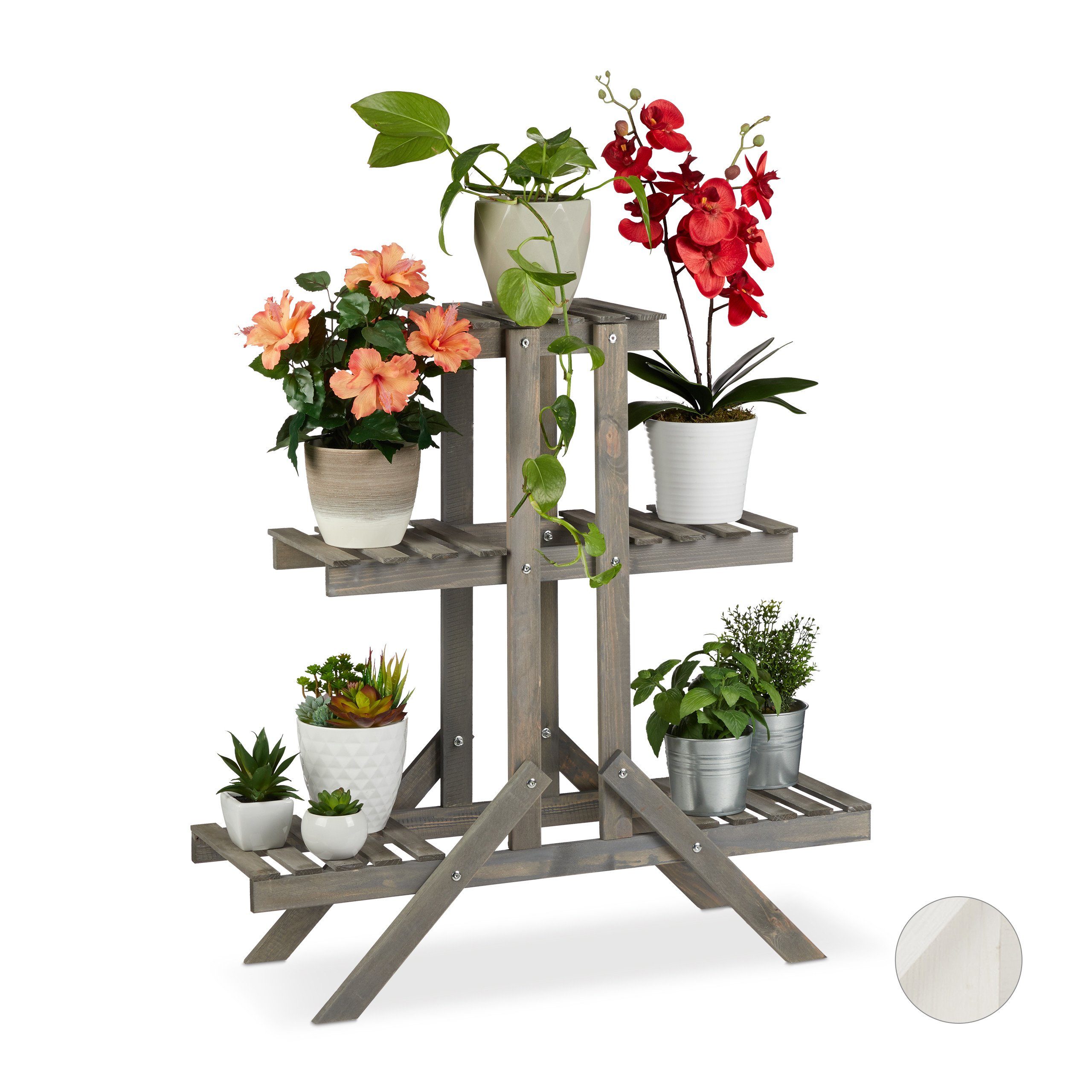 3 Blumenständer Blumentreppe mit Holz relaxdays Stufen, Grau