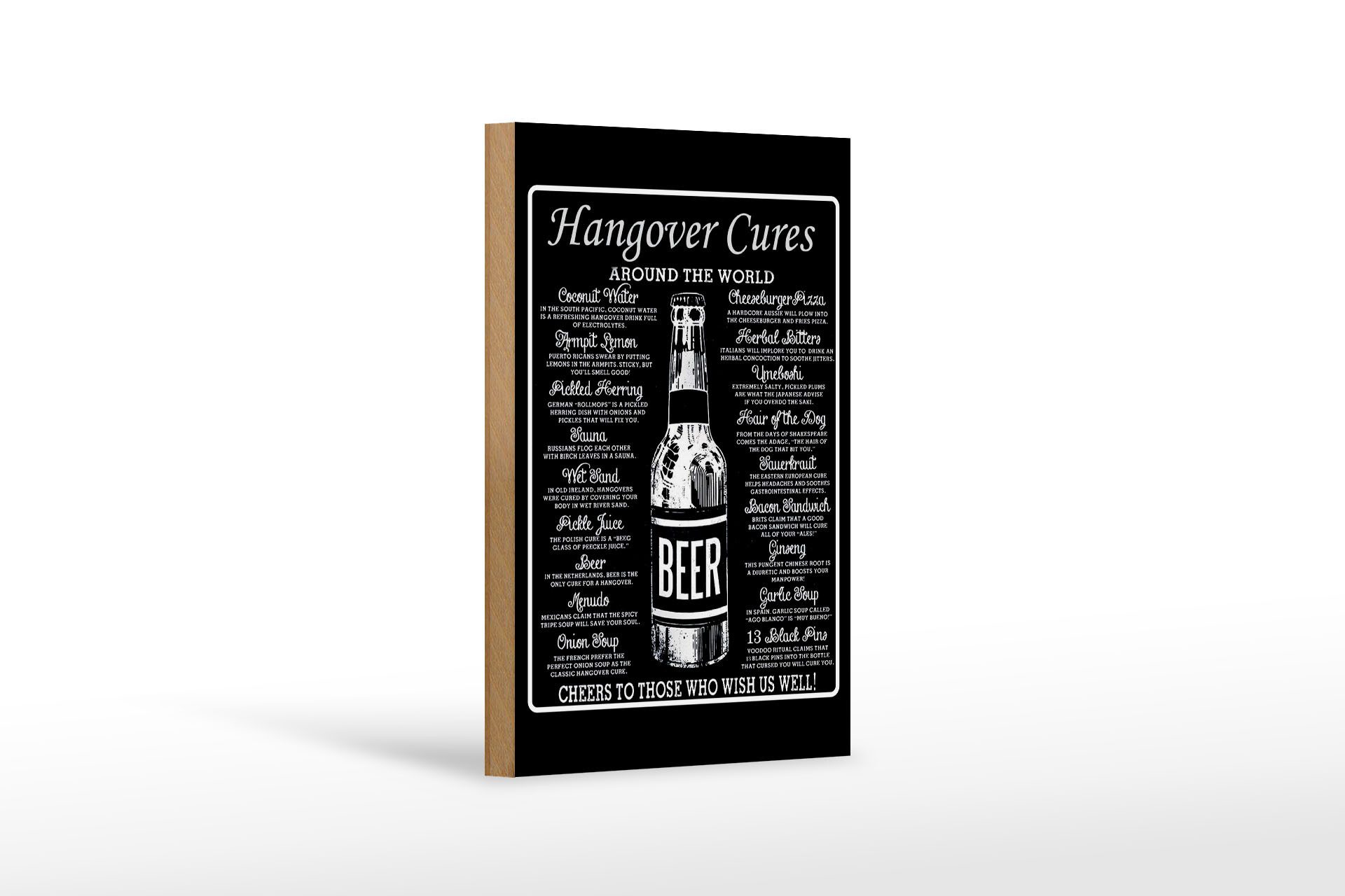 Femer GmbH Holzbild Spruch 12x18 cm Hangover cures around the world, (1 St), Glatte Holzfaserplatte (MDF), vorn beschichtet