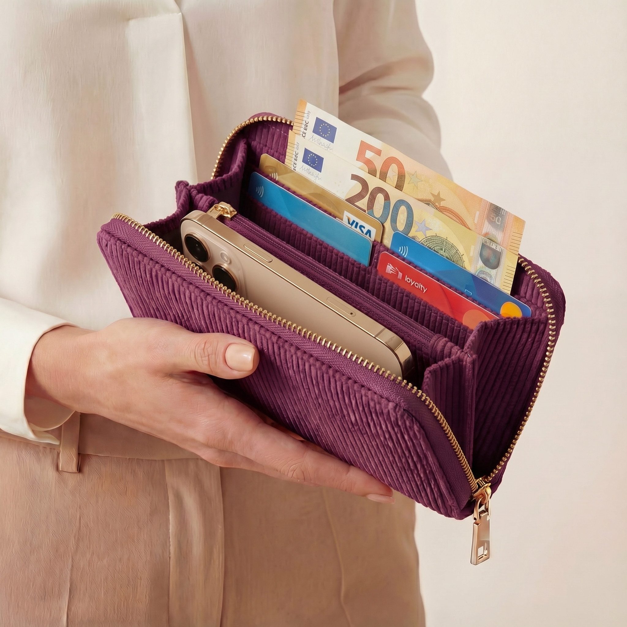 MillyMilk Geldbörse FONDO LARGE – Großer Damen Cord Geldbeutel – Stoff Portemonnaie, Cord-Geldbörse mit stabiler Form, viel Platz und Reißverschluss.