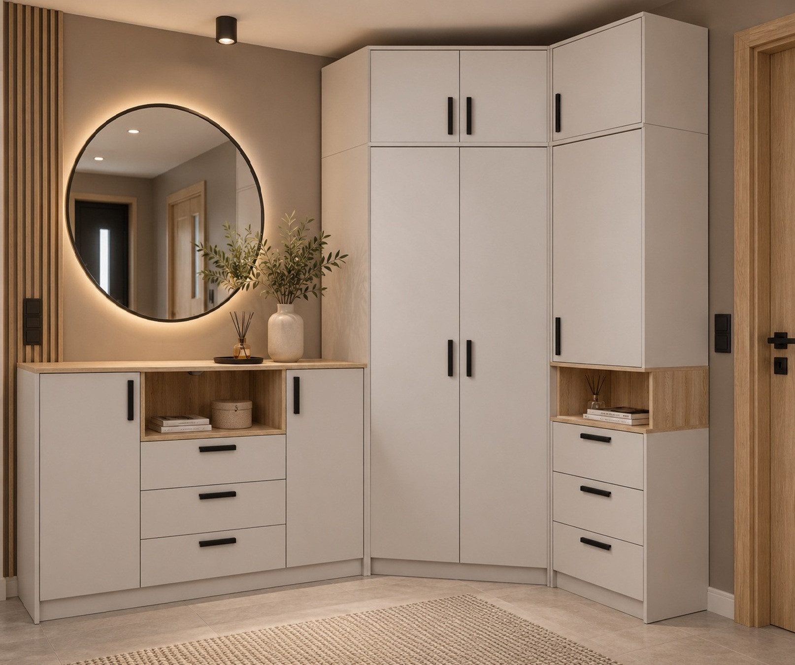 Marmex Möbel Schrank-Set Grant Set 36 C, (5-St., Regal, Eckschrank, Kommode, zwei Schrankaufsätze), Soft-Close-Scharniere, Vollauszug der Schubladen