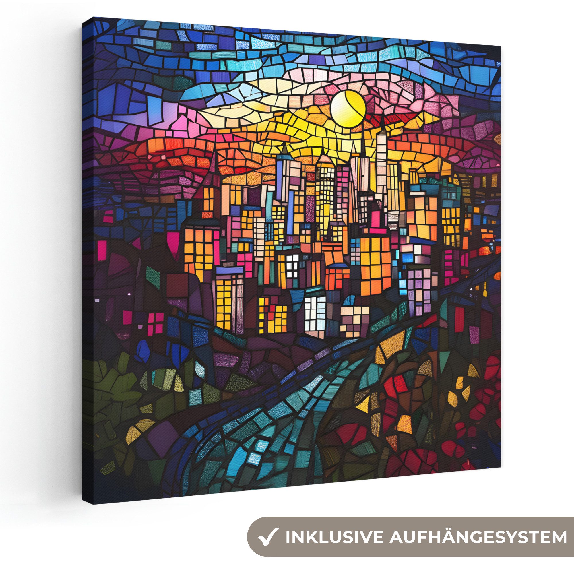 OneMillionCanvasses® Leinwandbild Stadt - Mond - Mosaik - Farbenfroh, Fotodruck (1 St), Wandbild, Deko Schlafzimmer Wohnzimmer Flur 20x20 cm