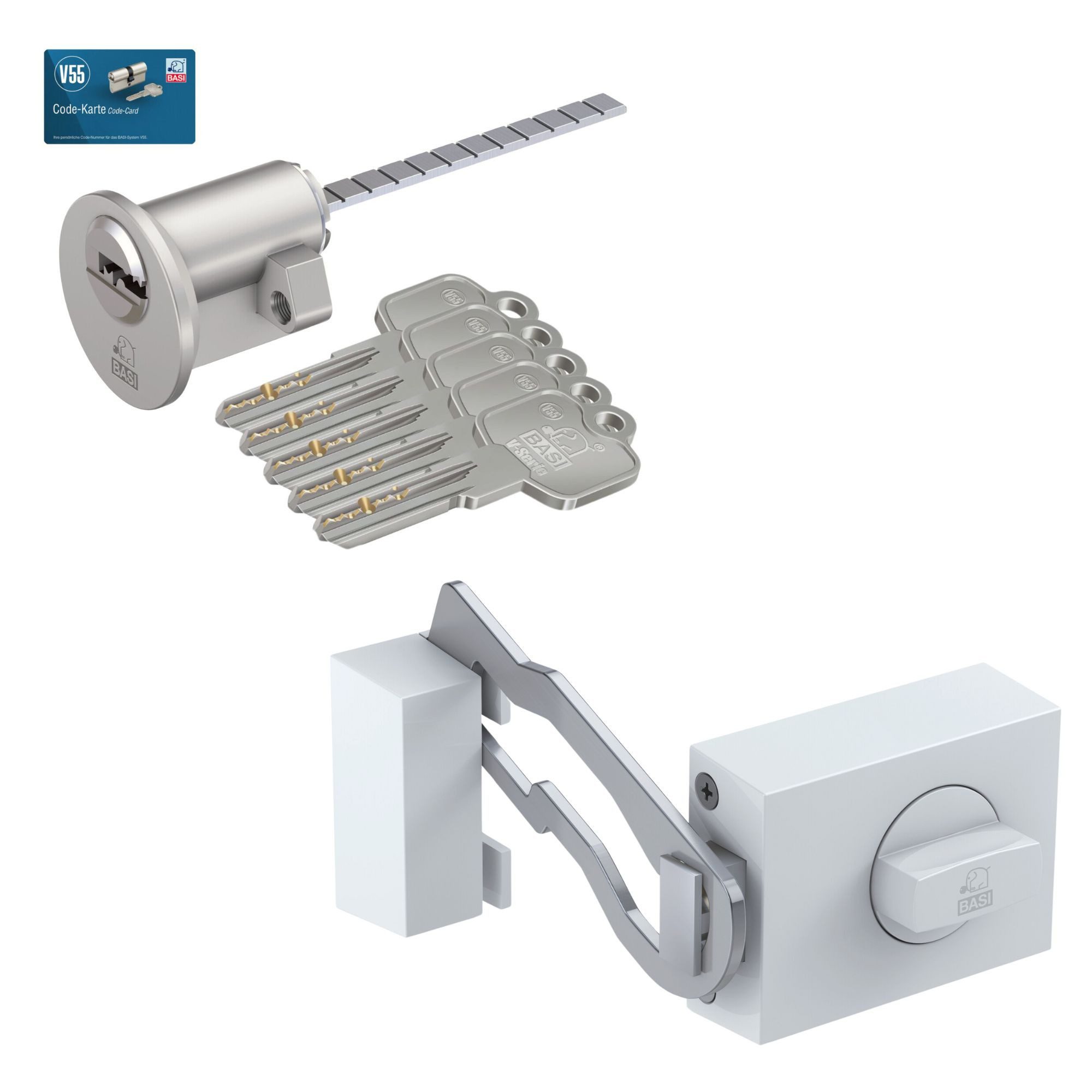BASI Türzusatzschloss Kastenschloss (Spar-Set), im Set m. Außenzylinder, m. Sperrbügel, Drehknauf, Dornmaß 60mm, weiß