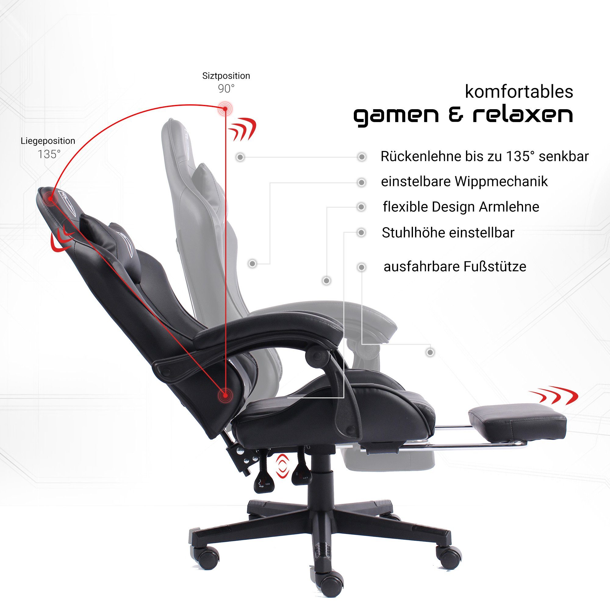 Bürostuhl mit Racing-Design Chefsessel Schwarz Gaming TRISENS Arijus Drehstuhl Stück), Fußstütze im Stuhl (1