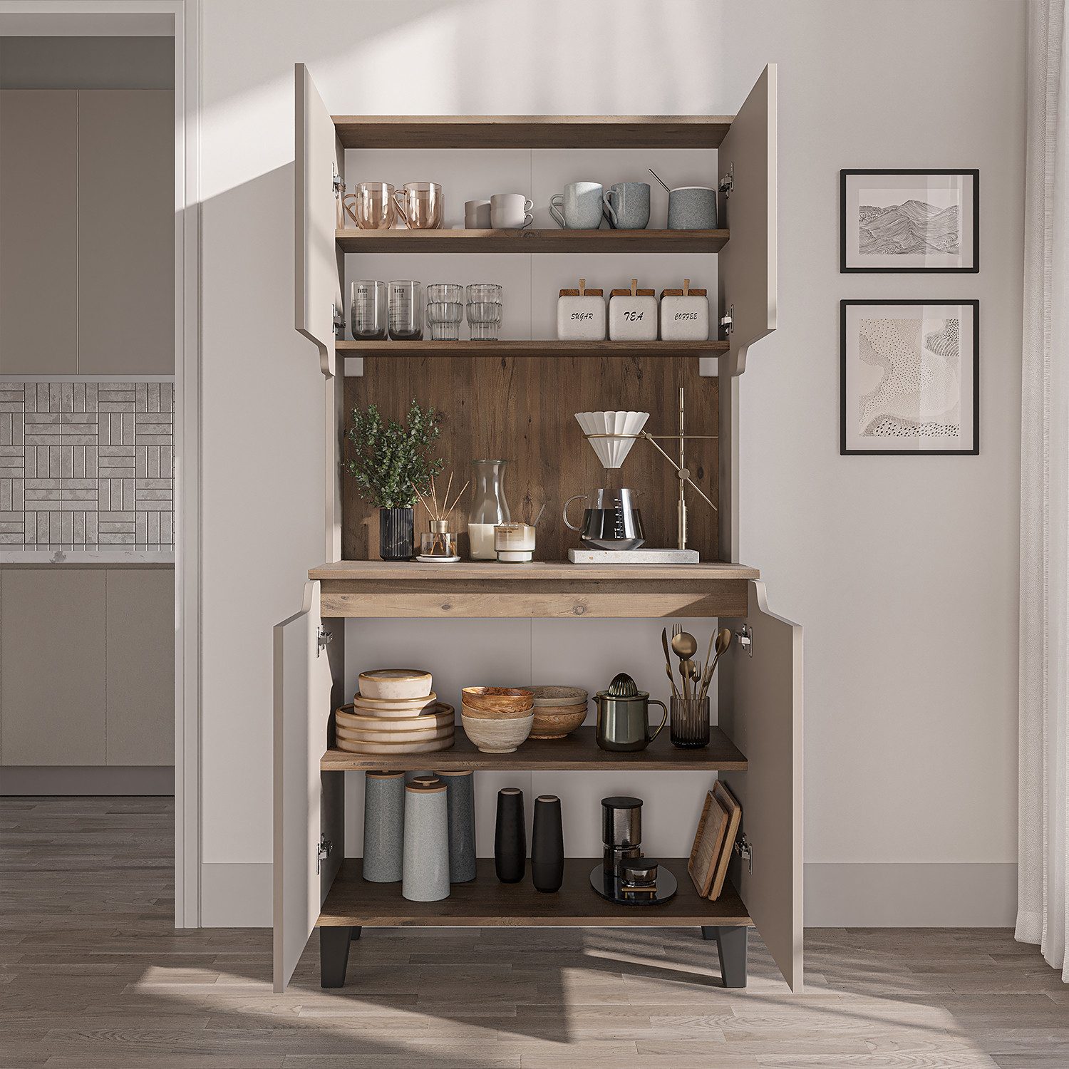 Roomart Küchenbuffet DEFNE mit Nische Kaffeebar Mikrowellenschrank Vorratsschrank, 5 Farben Offene Nische für Kaffeemaschine, 4 Türfächer – Bild 4 von 5