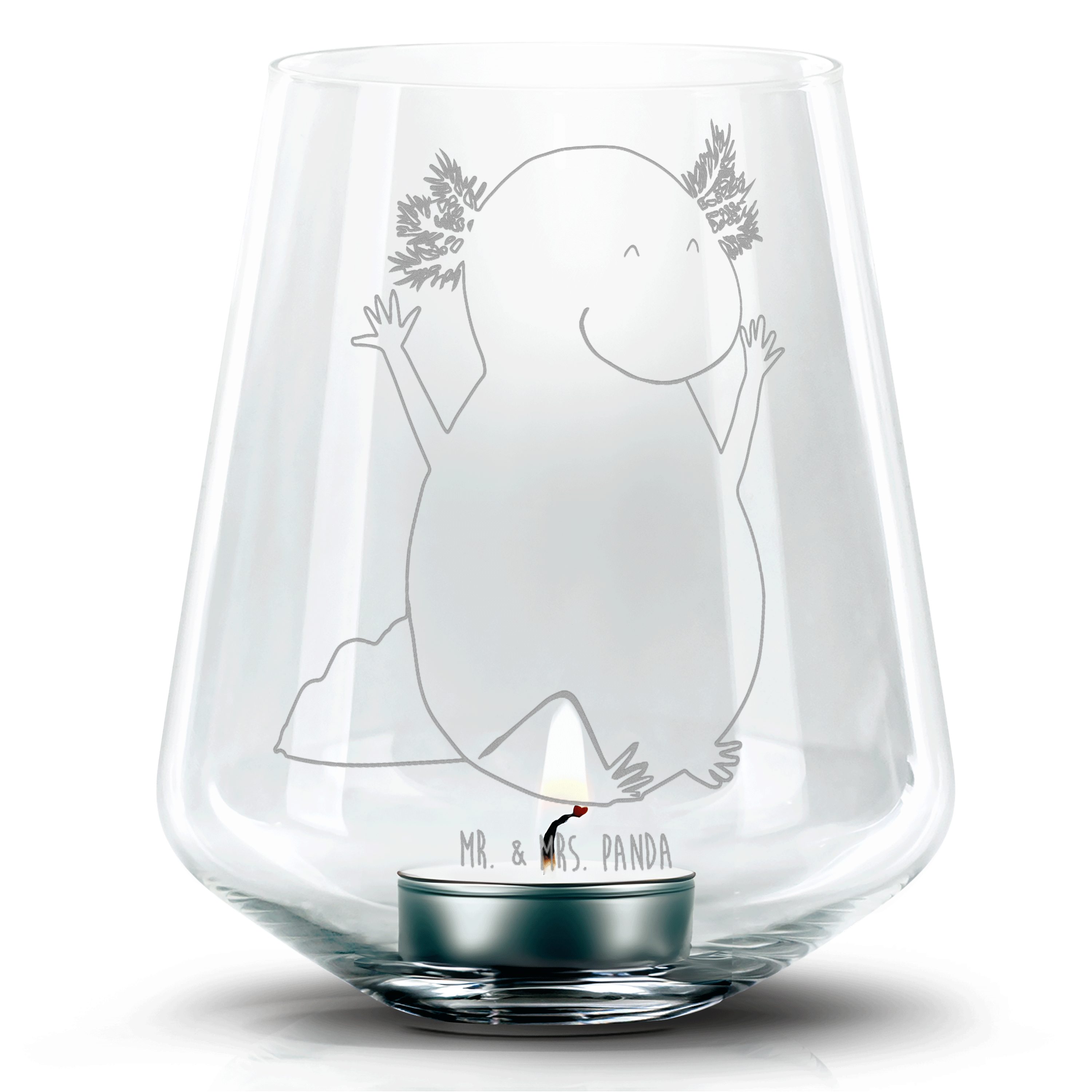 Mr. & Mrs. Panda Windlicht Axolotl Hurra, Teelichtglas, Kerzenglas mit Gravur, Windlicht Glas, (1 St), Individuelle Gravur