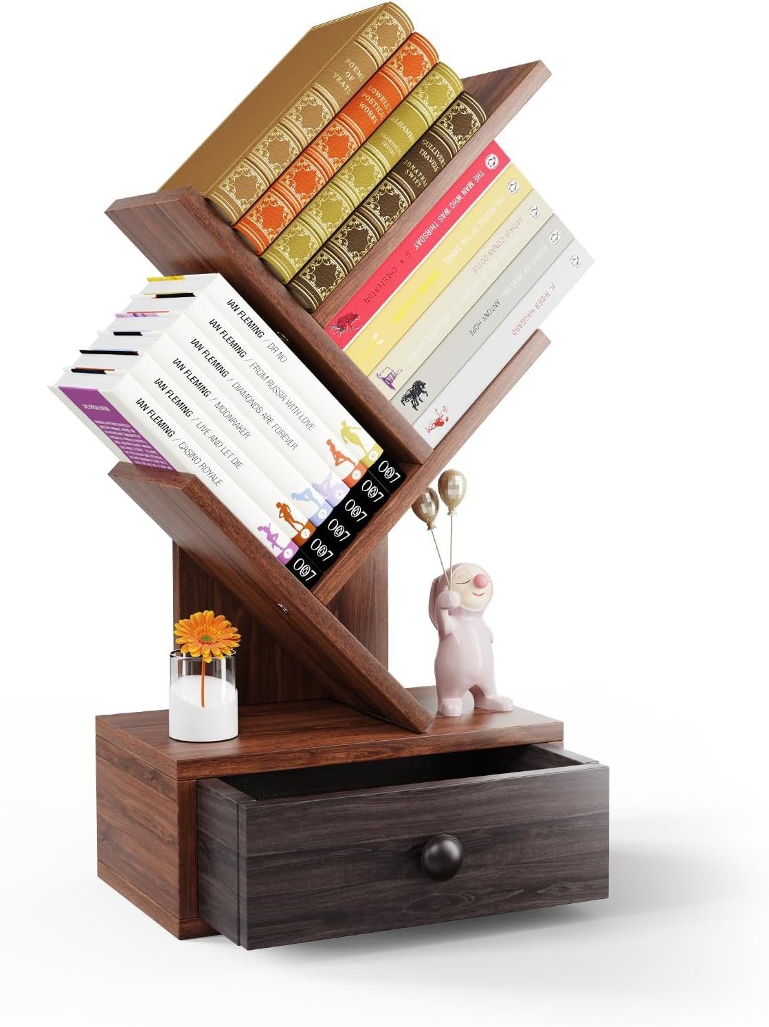 KOMFOTTEU Bücherregal in Baumform, mit Schublade, 30 x 17,5 x 60cm braun