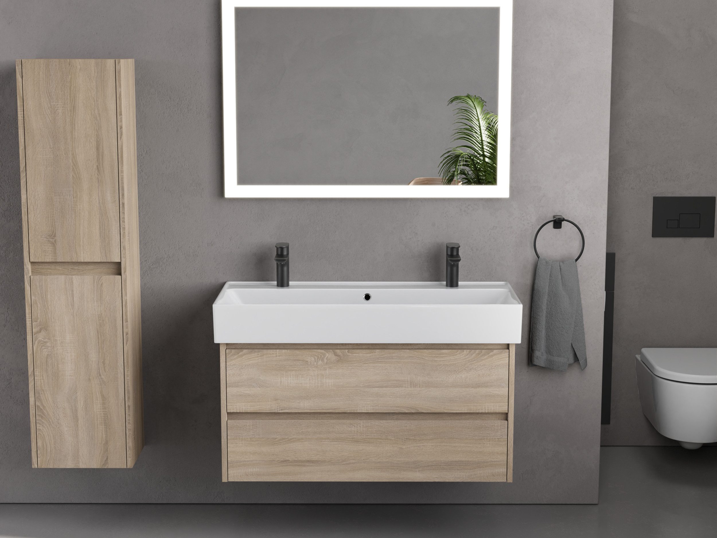 Aqua Bagno Badmöbel-Set Badmöbel Waschtisch-Set 100 cm Eiche Gold Doppelwaschtisch, (vormontiert, 2-St., Badmöbelschrank melaminbeschichtet, Keramikwaschbecken), einfache Montage, Badschrank