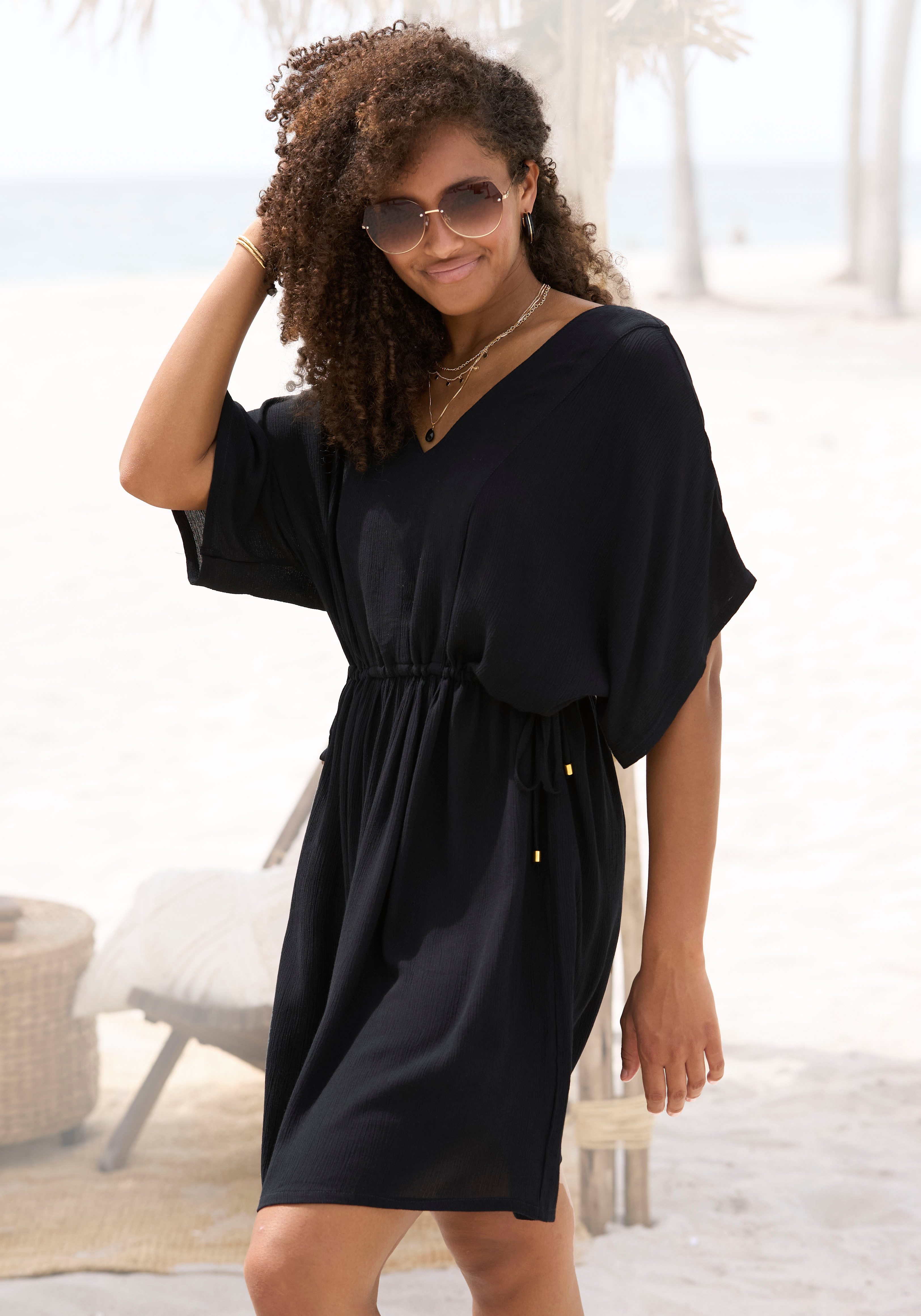 s.Oliver Longtunika aus gekreppter Viskose, kurzes Strandkleid, Blusenkleid, taillierbar