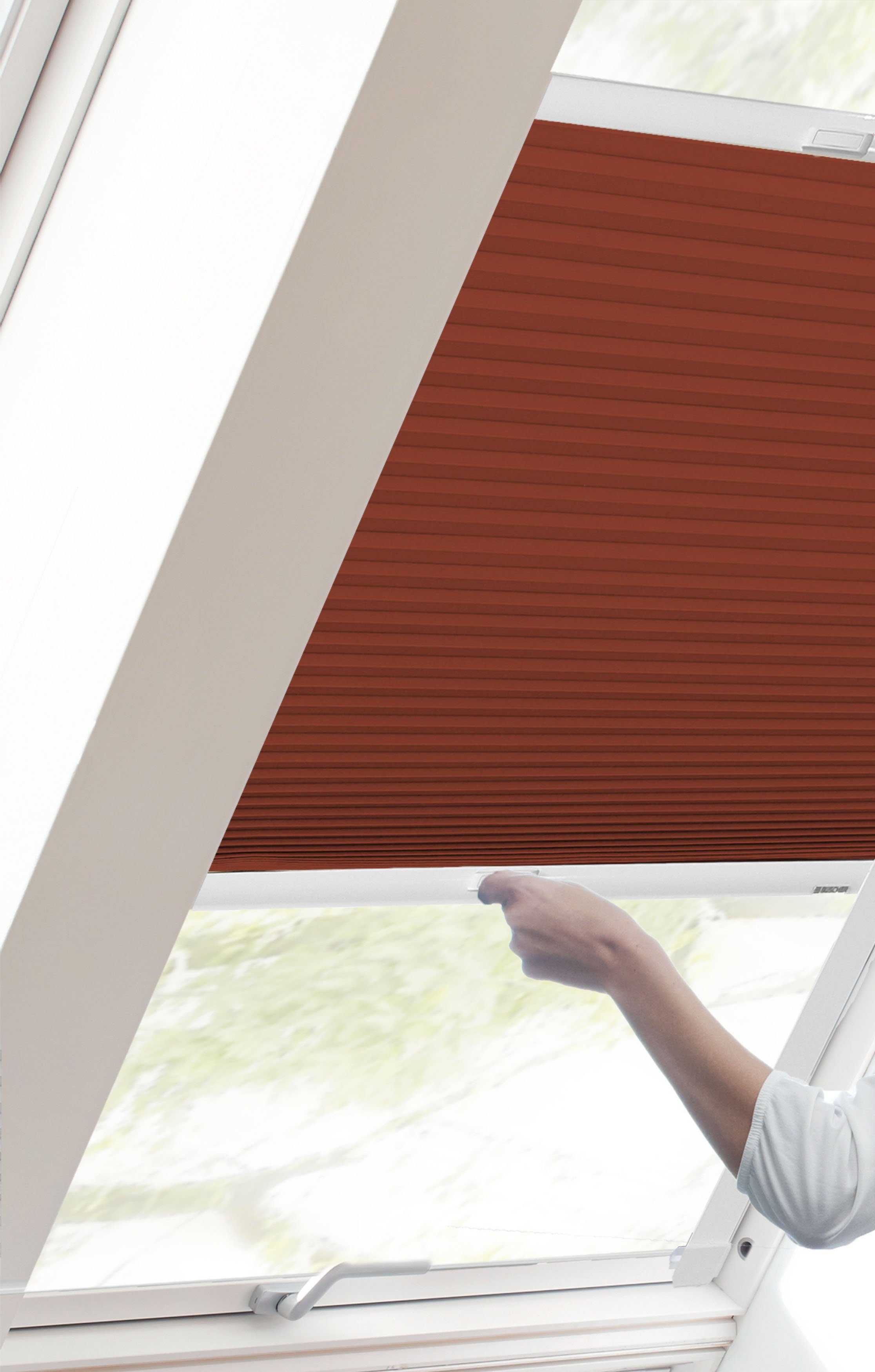 Dachfensterplissee StartUp Style Honeycomb TL, verspannt, Lichtschutz, Führungsschienen sunlines, mit ziegelrot verschraubt
