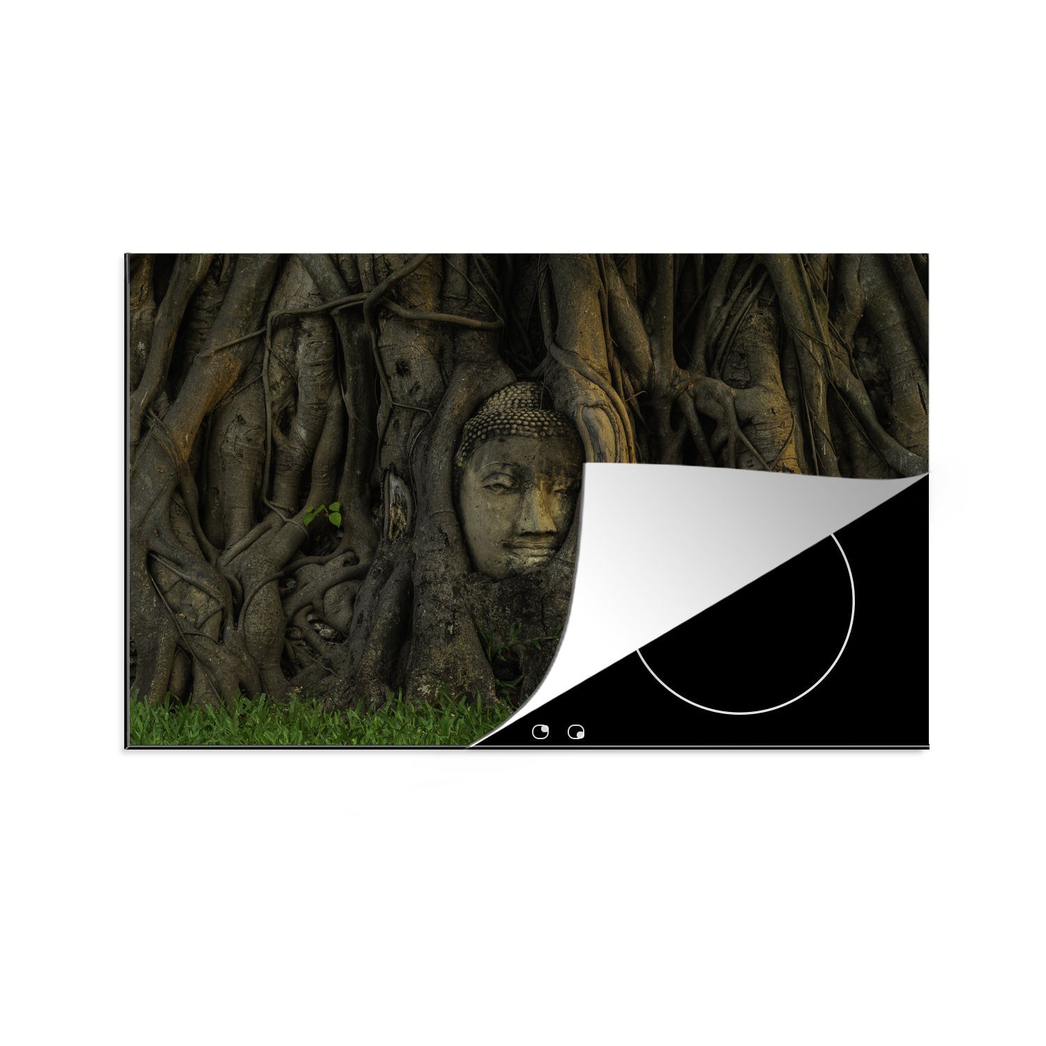 MuchoWow Herdblende-/Abdeckplatte Buddha-Statue die 81x52 Schutz Induktionskochfeld Vinyl, cm, überwuchert, von Ceranfeldabdeckung küche, (1 für Bäumen tlg)