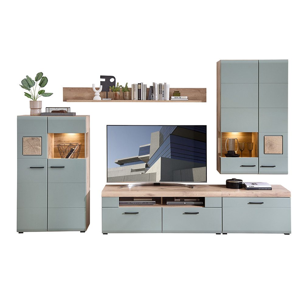 Lomadox Wohnwand FARO-36-REED, (4-St), in Eiche mit Schilfgrün, inkl. Beleuchtung