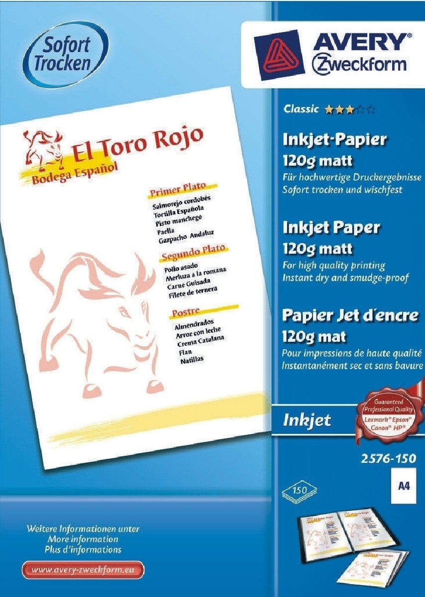 Avery Zweckform Fotopapier Inkjet-Papier Classic A4 120g/qm matt beschichtet VE=150 Blatt