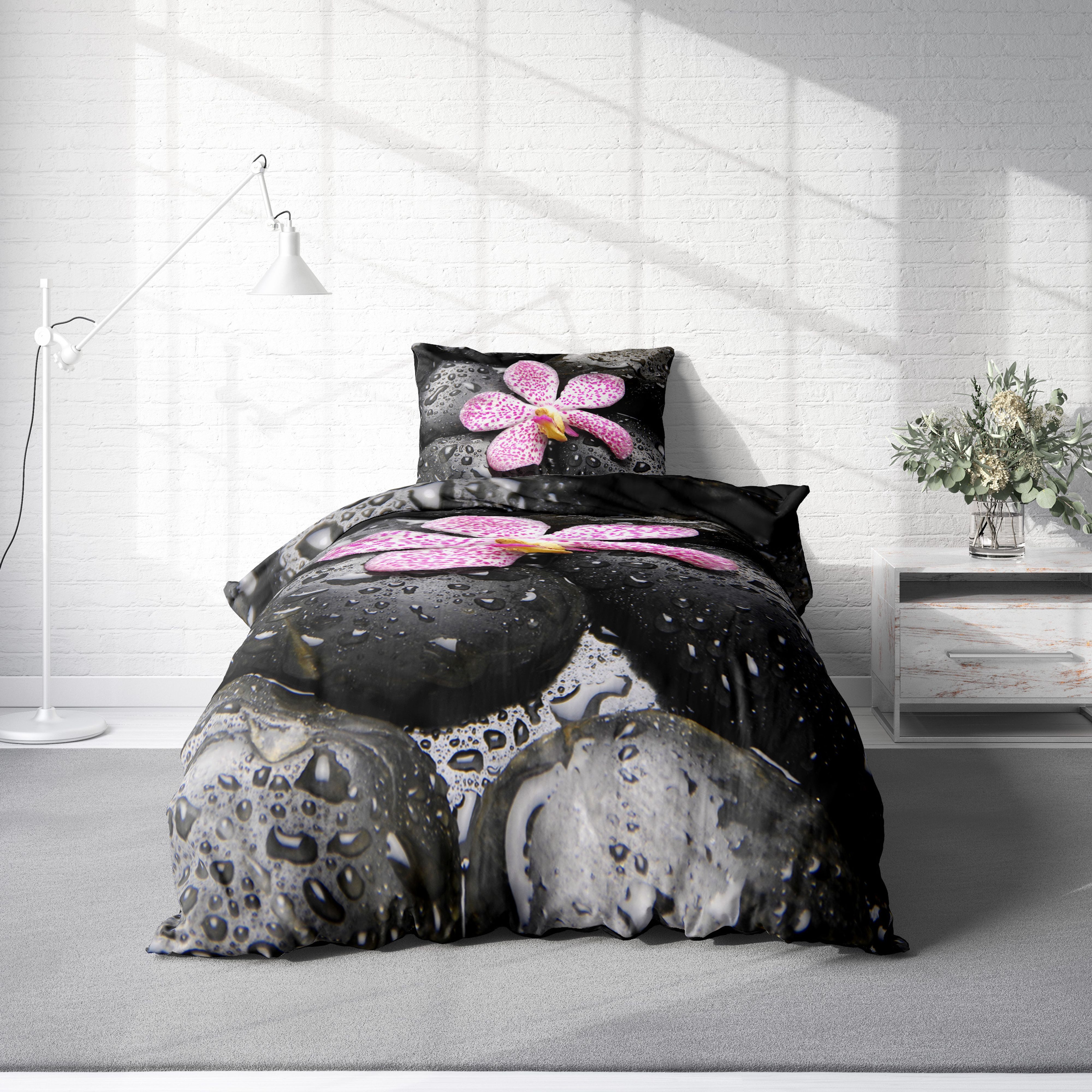 One Home Bettwäsche Fotodruck, Mikrofaser, 2 teilig, Steine Orchideen Zen Relax, Knitterfrei Weich für Sommer und Winter