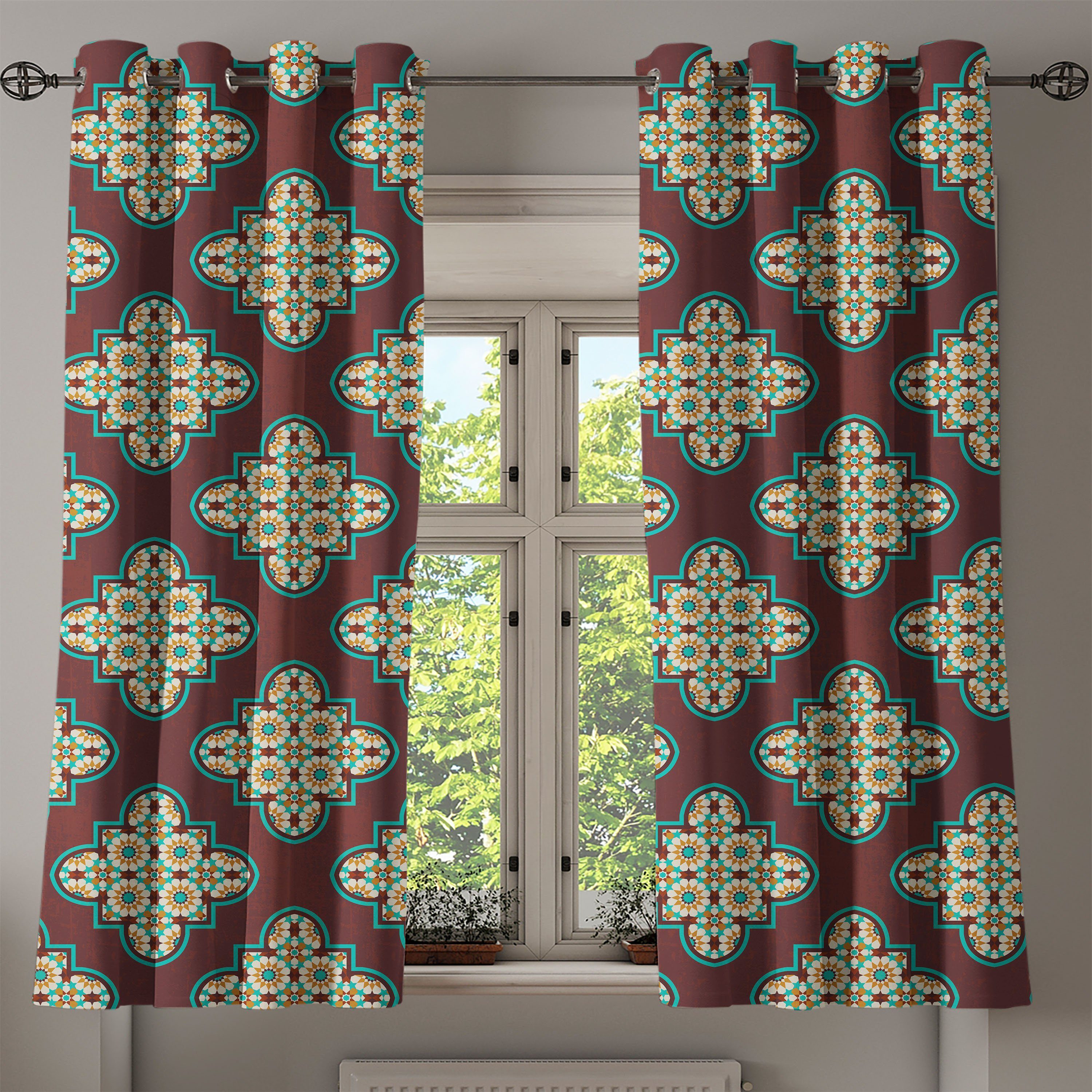 Vintage 2-Panel-Fenstervorhänge für Quatrefoil Tile Gardine Abakuhaus, Wohnzimmer, Dekorative Schlafzimmer