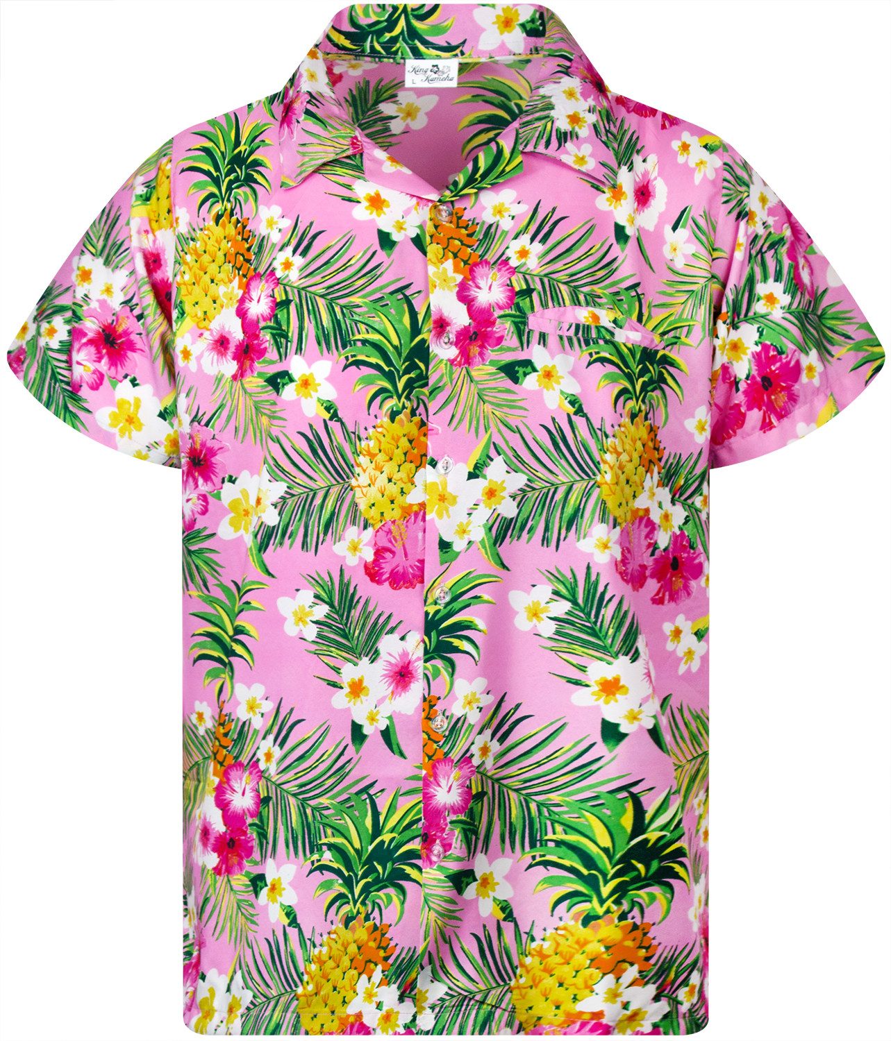 King Kameha Hawaiihemd Pineapple Flowers Funky Hawaii-Hemd Kurzarm Front-Tasche Unisex