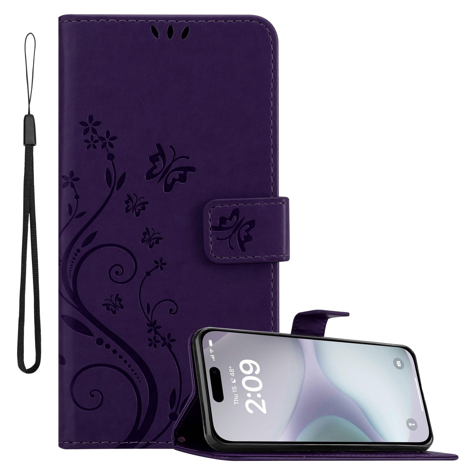 Cadorabo Handyhülle für iPhone 16 PLUS Hülle Apple iPhone 16 PLUS, Hülle Schutzhülle Blumen Flower mit Standfunktion Kartenfach Magnet