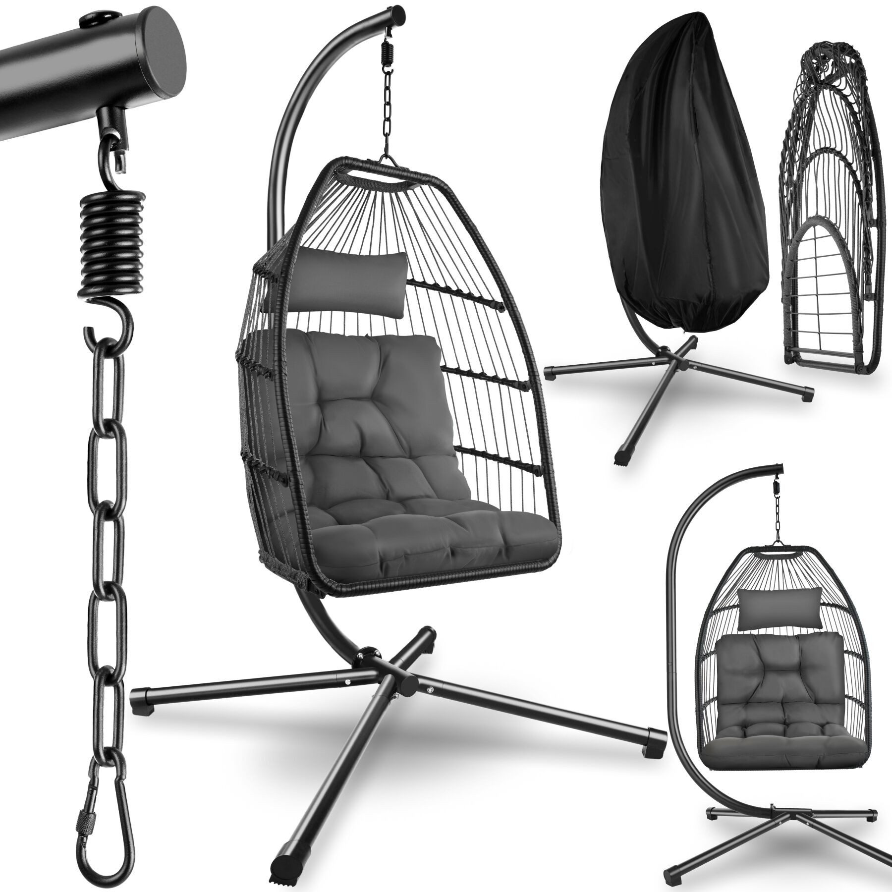 tectake Hängesessel Hängeschaukel mit extra dickem Sitz- und Kopfkissen, 98 x 107 x 202 (Hängestuhl Ariane mit Gestell, für Indoor und Outdoor, in Dunkelgrau), bodenschonend und faltbar, Belastbarkeit 160 kg, inklusive Schutzhülle