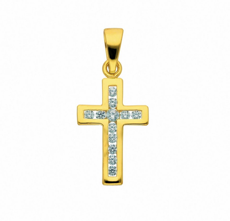 Adelia´s Kette ohne Anhänger 585 Gold Kreuz Anhänger mit Zirkonia,  Schmuckset - Set mit Halskette, Maße des Anhängers - Breite 11,4 mm - Höhe  16,8 mm