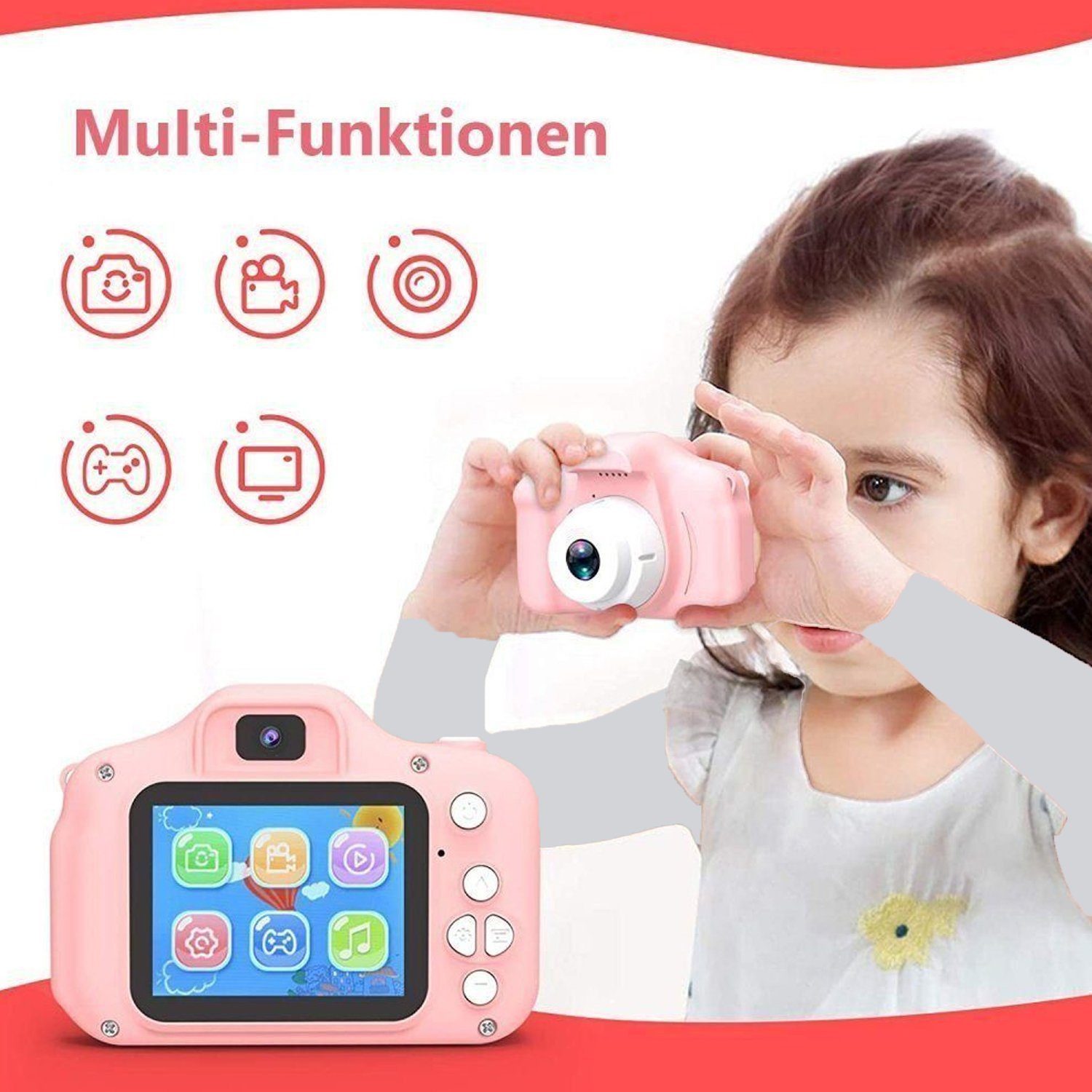 KINSI Kinderkamera mit 2,0 Zoll,Cartoon-Stickern,1080P HD 32GB,USB-Aufladung Kinderkamera (Für Geburtstagsgeschenk Weihnachten Spielzeug)