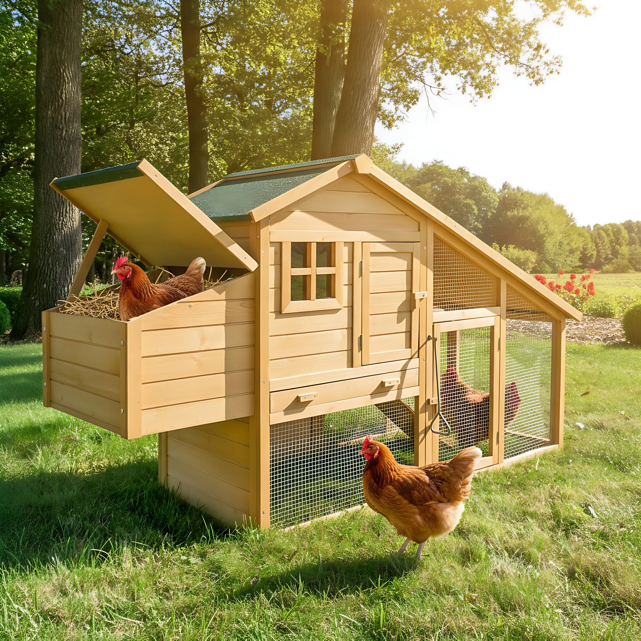 Zooprinz Hühnerstall Komfort XXL mit Freilauf 205x118x75 cm (BxHxT), Kiefernholz, Hühnerrampe, Nistkasten, Klappdach