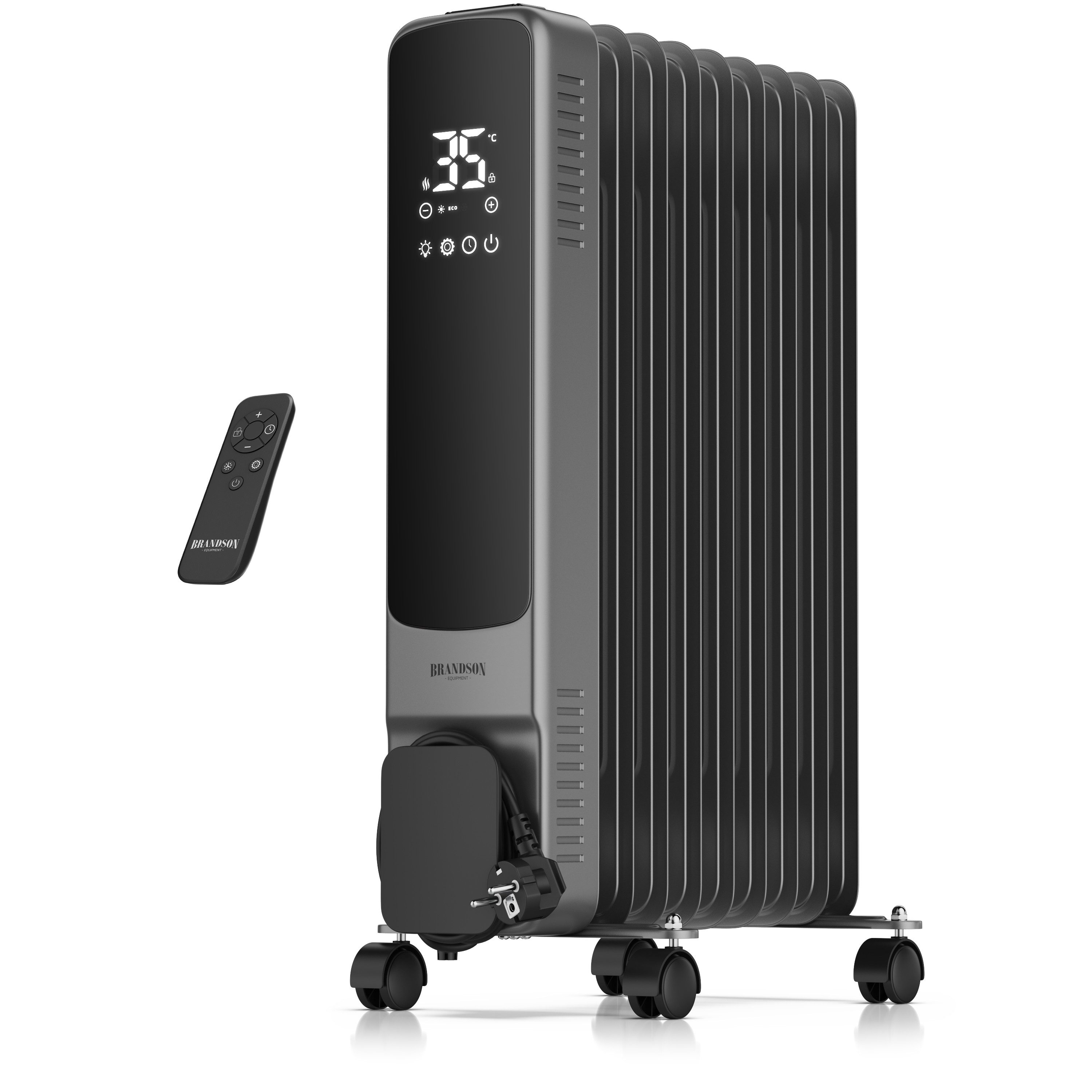 Brandson Ölradiator 9 Rippen, Thermostat 5-35 °C, 24h-Timer, Fernbedienung, Rollen, 2000 W, ECO-Modus 800 W, Frostschutz, Kippschutz, Kindersicherung