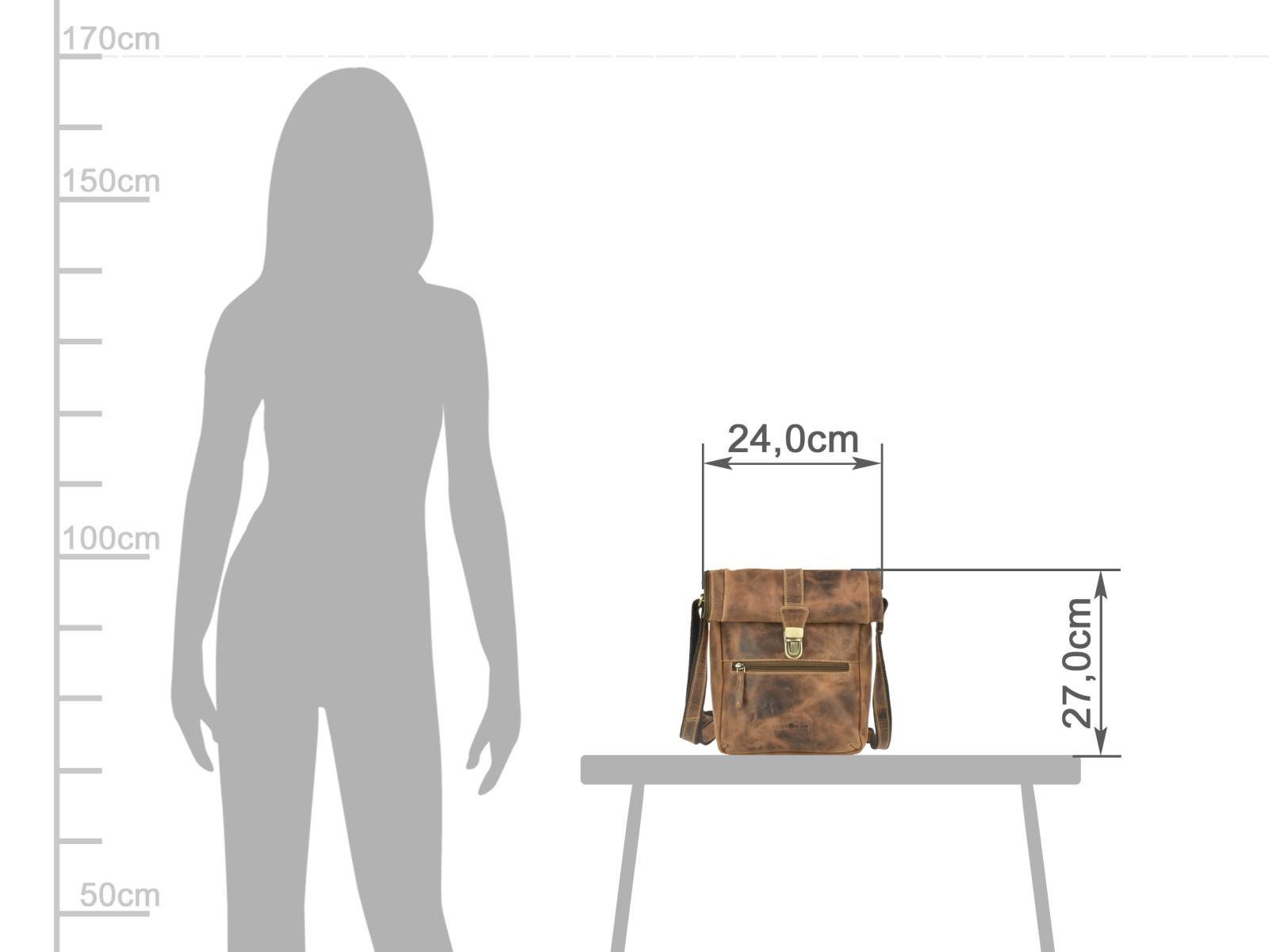 Greenburry Umhängetasche Vintage Schultertasche mit Rolltop Überschlag Leder antikbraun, Extra an Sicherheit druch rollbaren Überschlag mit Reißverschluss